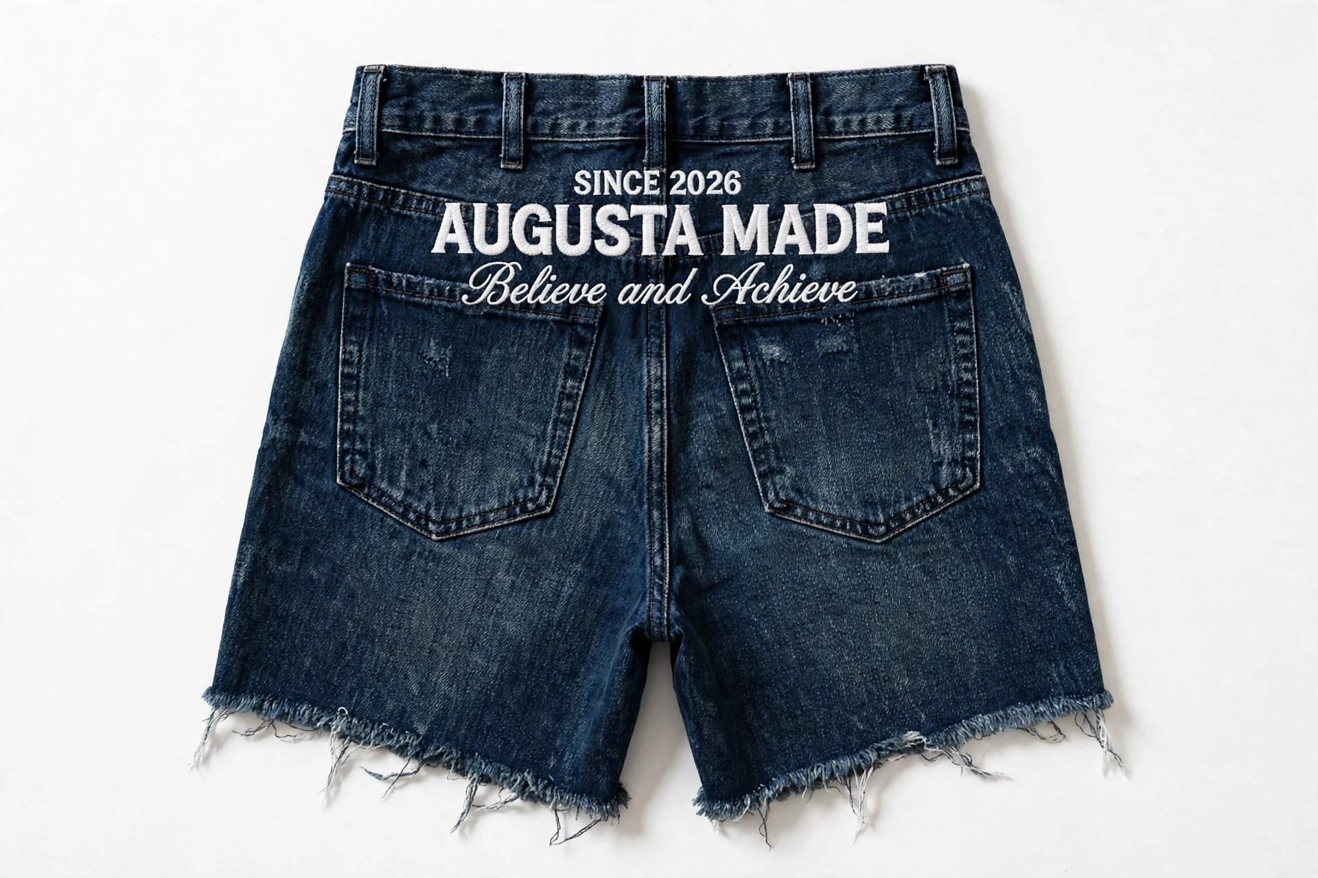 Back of dark denim cutoff daisy dukes embroidered with Since 2026, Augusta Made, Believe and Achieve