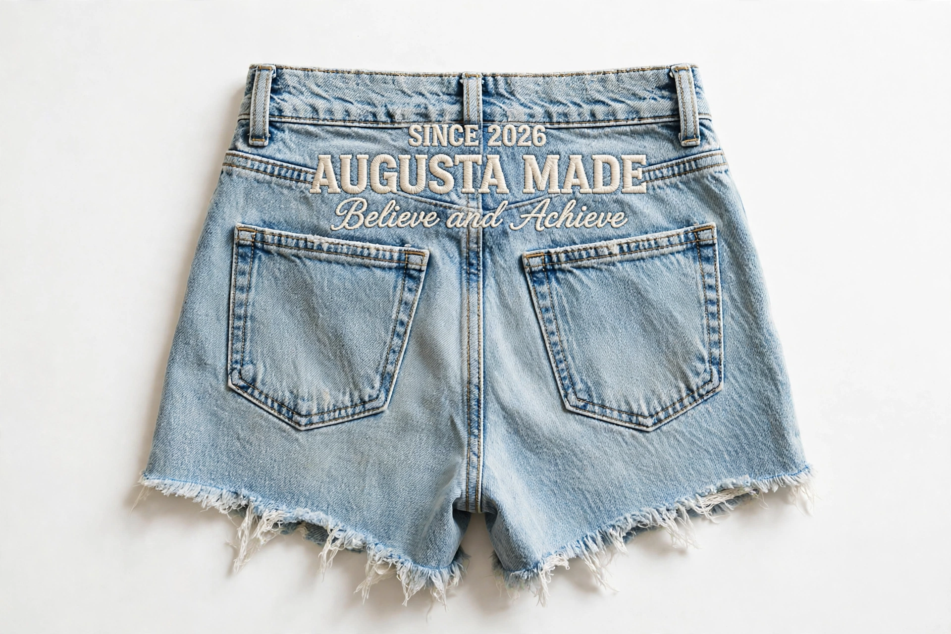 Back of light-wash cutoff denim daisy dukes embroidered with Since 2026, Augusta Made, Believe and Achieve