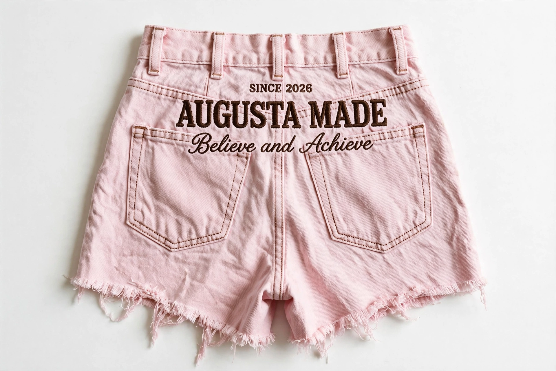 Back of pink cutoff denim daisy dukes embroidered with Since 2026, Augusta Made, Believe and Achieve