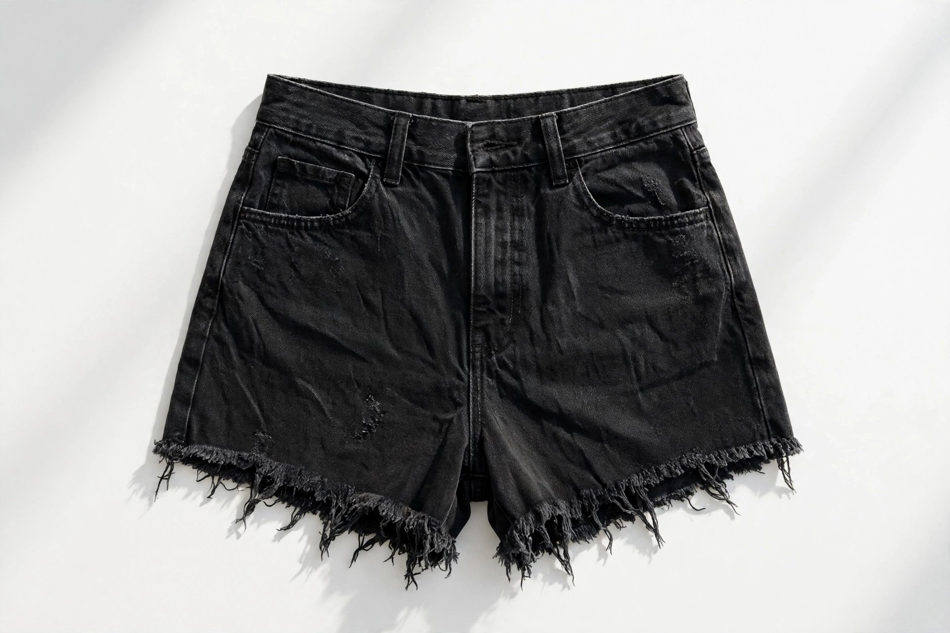 Front of black cutoff denim daisy dukes laid flat