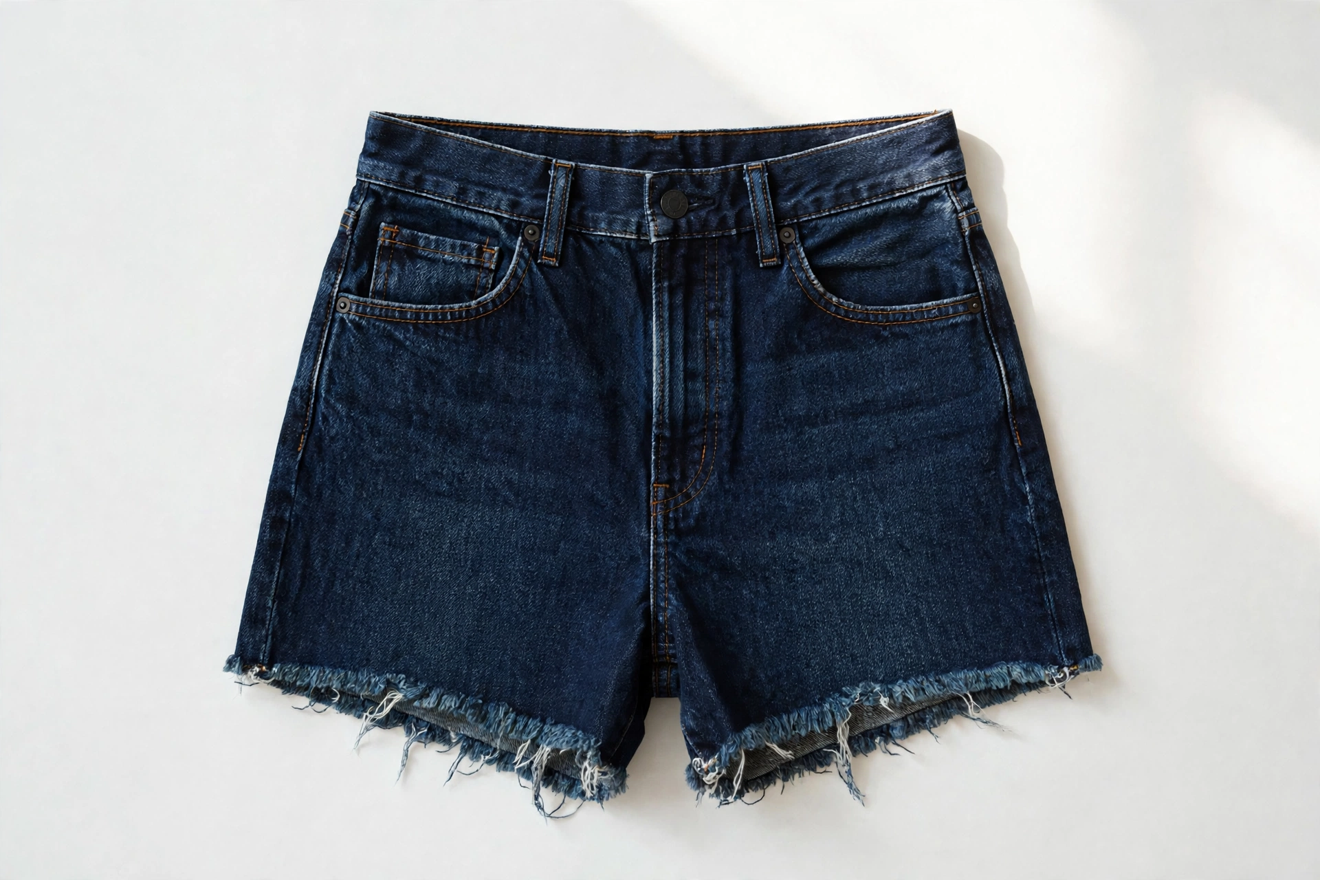 Front of dark denim cutoff daisy dukes laid flat