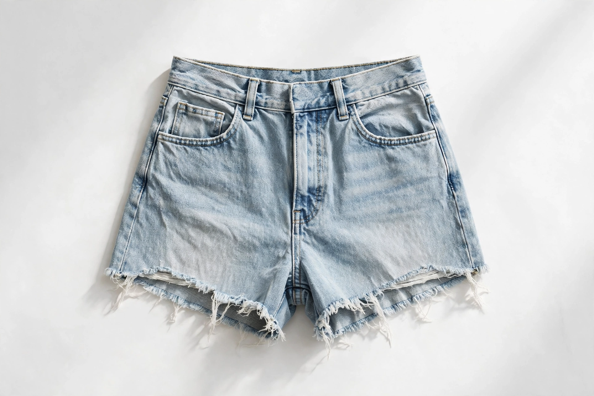 Front of light-wash cutoff denim daisy dukes laid flat