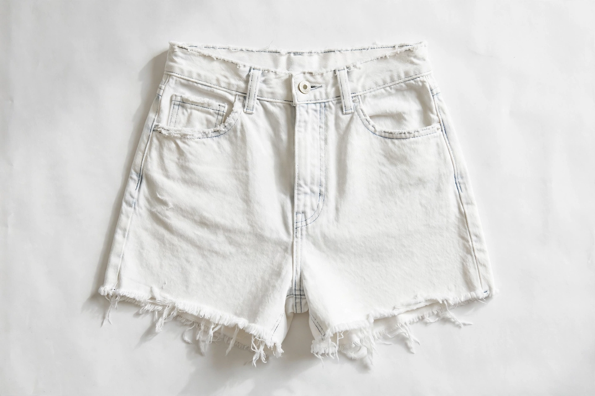 Front of white cutoff denim daisy dukes laid flat