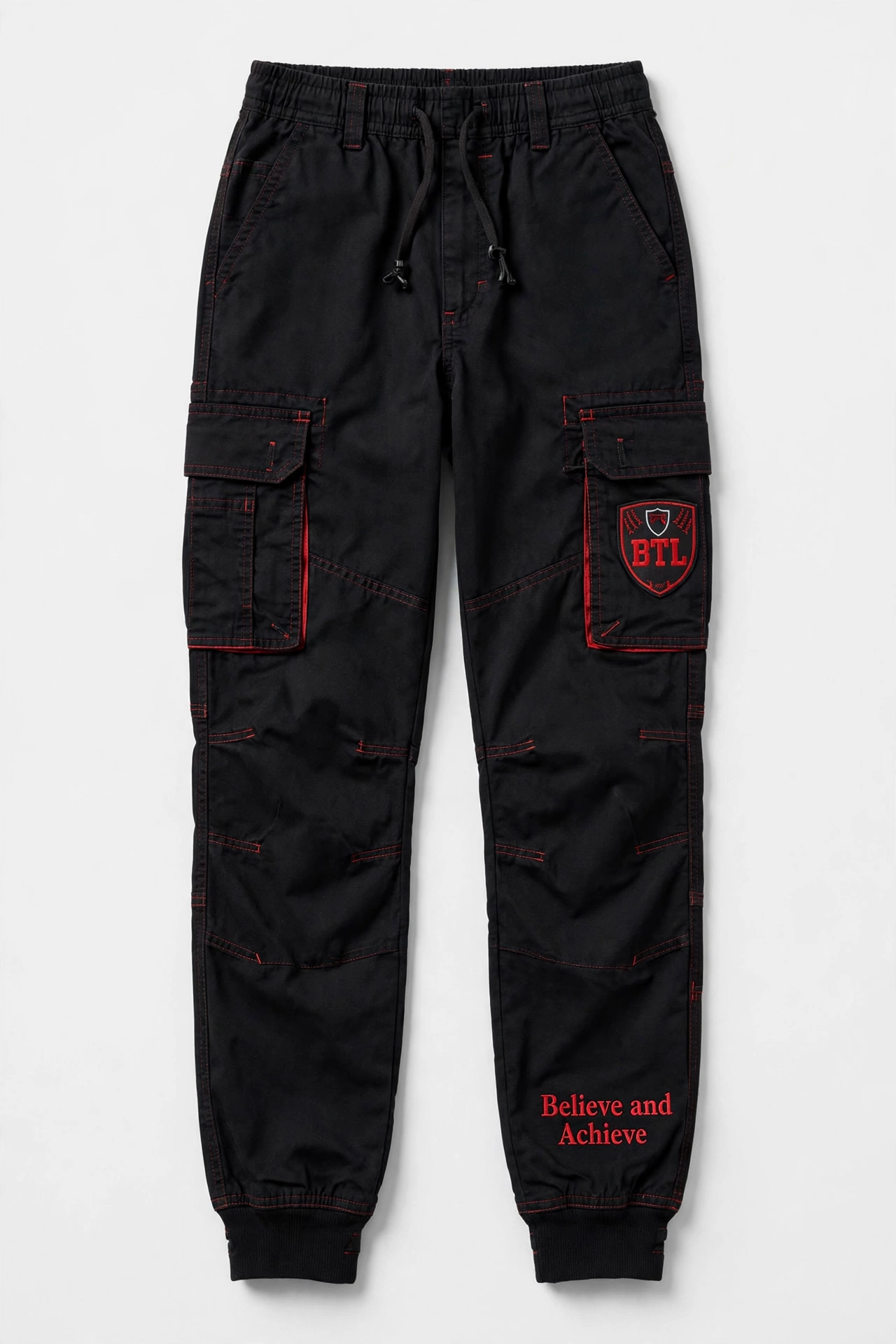 Women’s black Built to Last cargo joggers with large side cargo pockets, red stitching and a shield patch on the thigh pocket