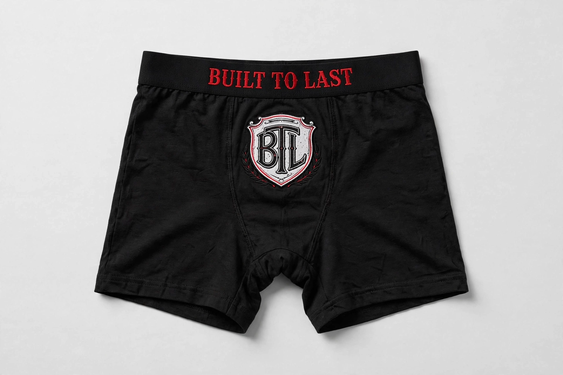 Black Built to Last women’s boyshorts with a red BTL shield and Built to Last waistband