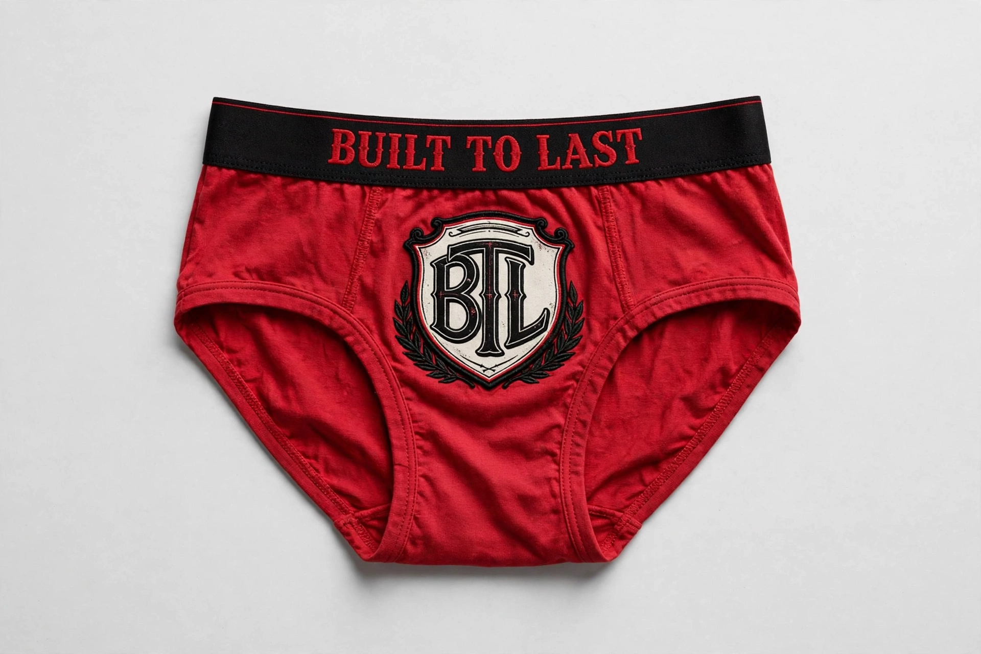 Red Built to Last women’s boyshorts with a black BTL shield and Built to Last waistband
