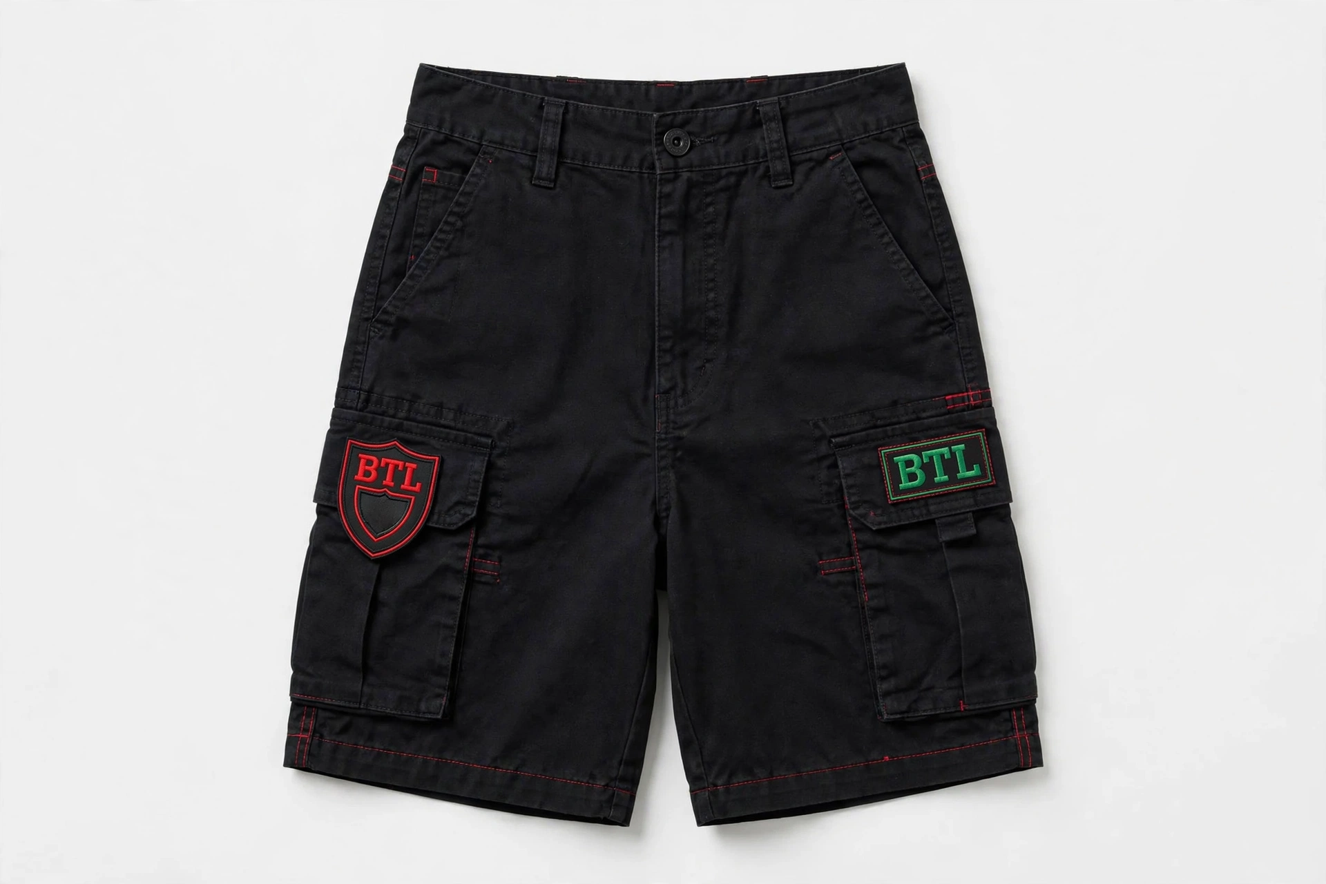 Women’s black cargo shorts with dark Built to Last patches