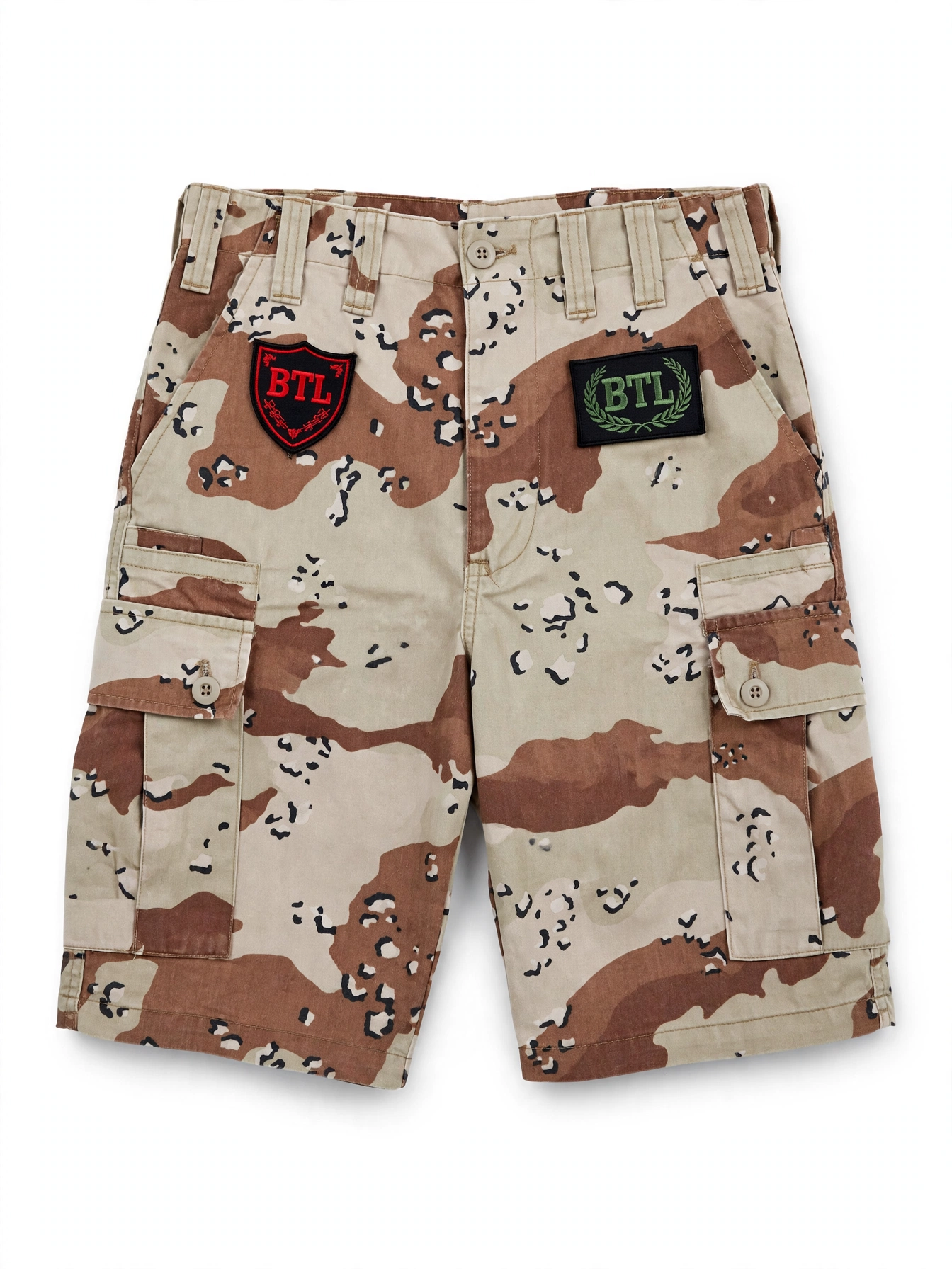 Women’s desert storm camouflage military fatigue shorts with dark Built to Last patches