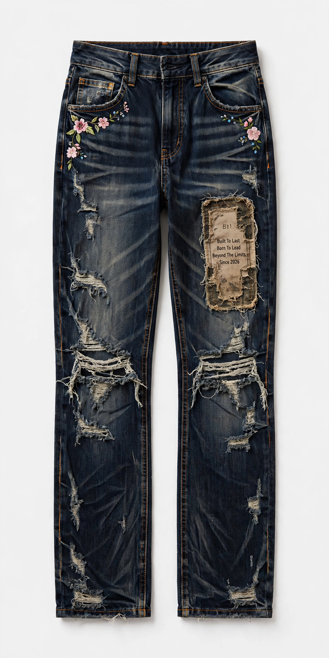 Front and back views of women’s dark denim high-waisted straight-leg Built to Last jeans with red stitching and shield embroidery on the back pocket