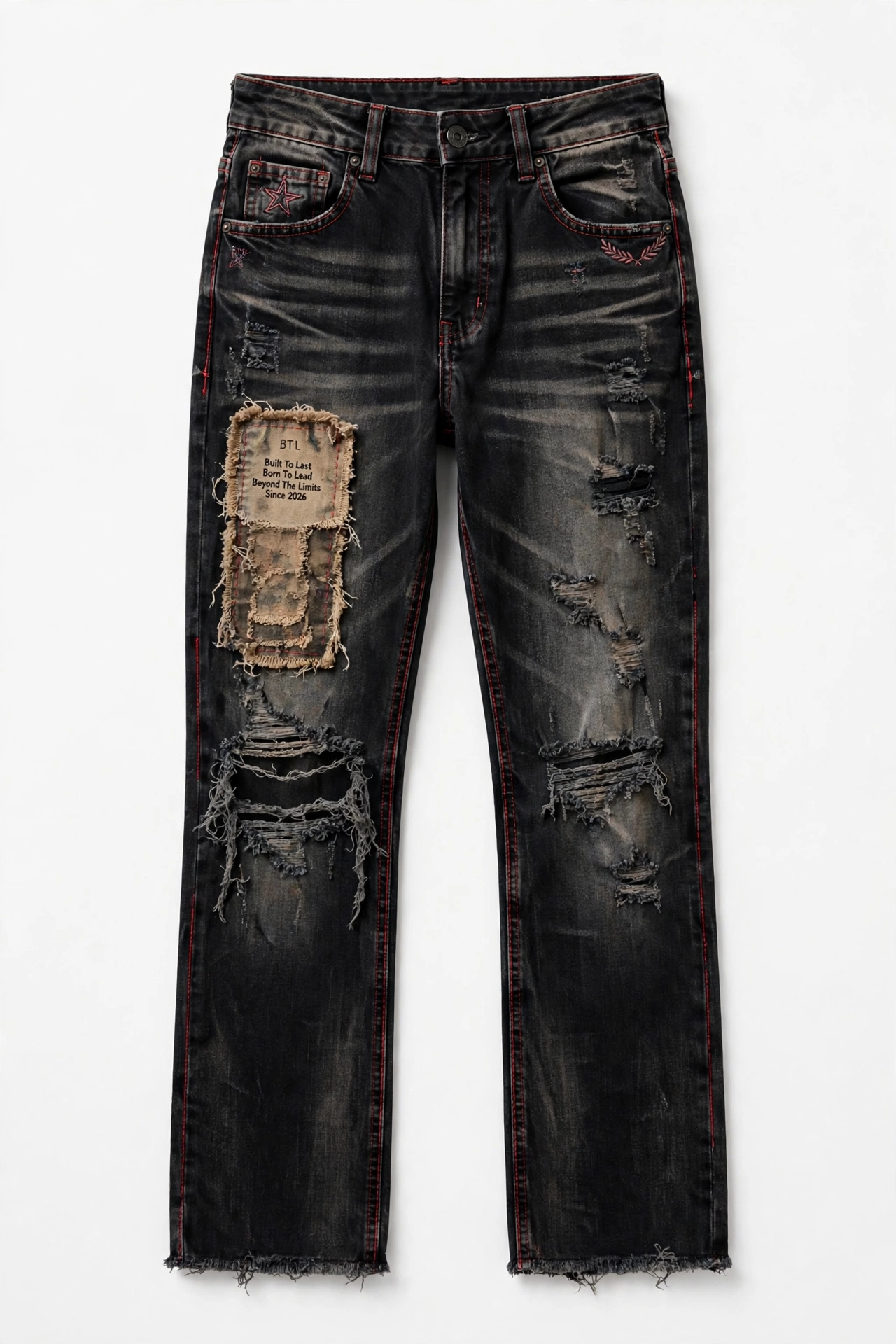 Front and back views of women’s distressed black Built to Last jeans with ripped knees, shield back-pocket embroidery and red Believe and Achieve script on the thigh