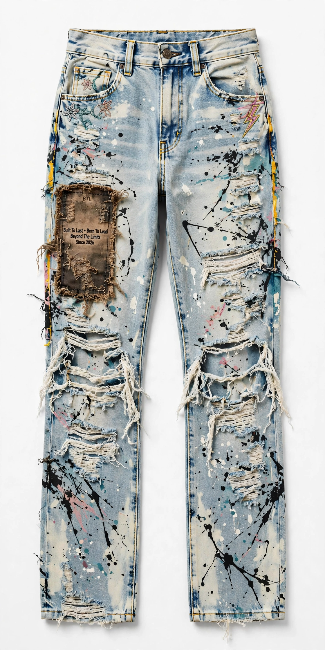 Front and back views of women’s heavily ripped Built to Last jeans with white and red paint splatter and shield embroidery on the back pocket
