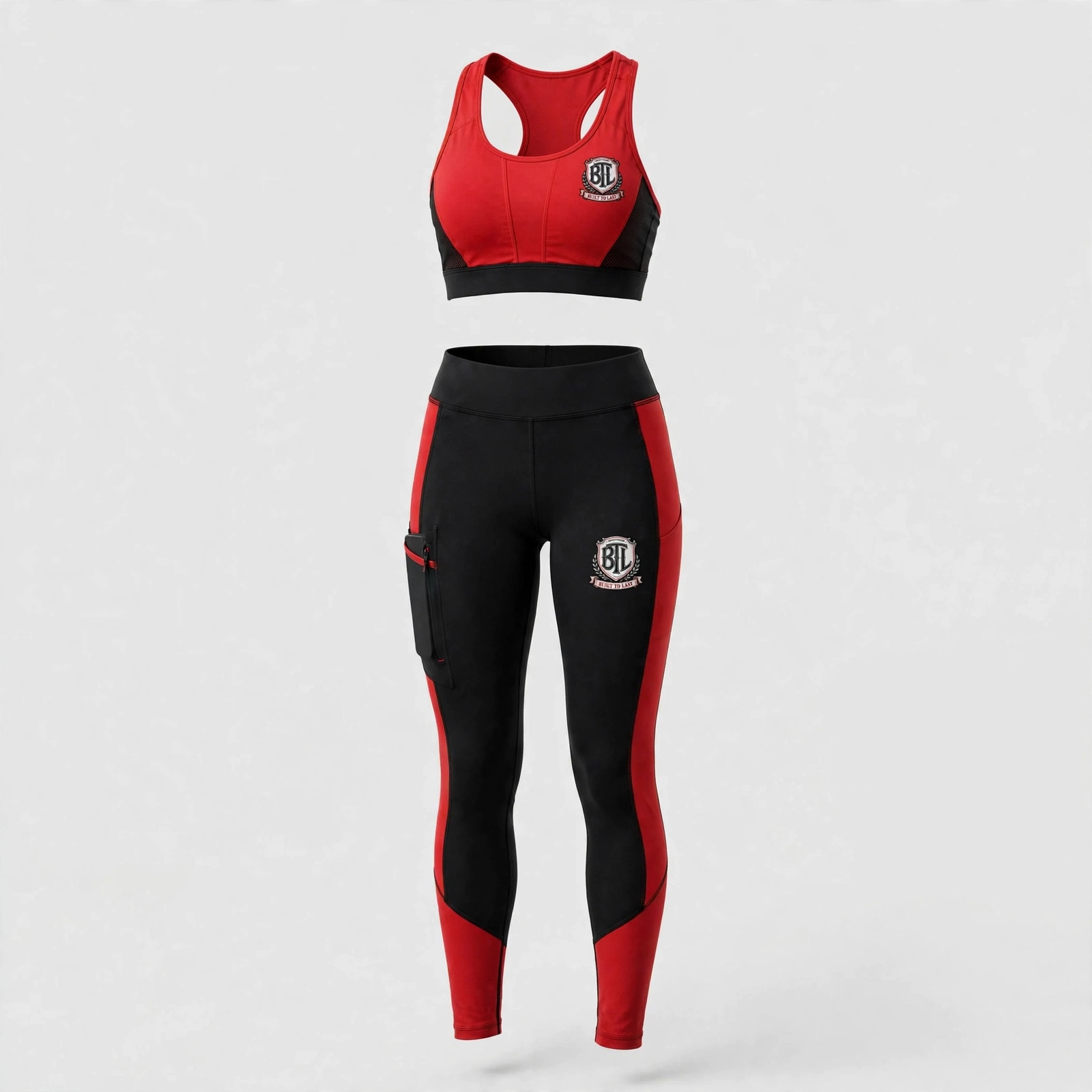 Red and black color-block Built to Last women’s activewear set with crop top and phone-pocket leggings