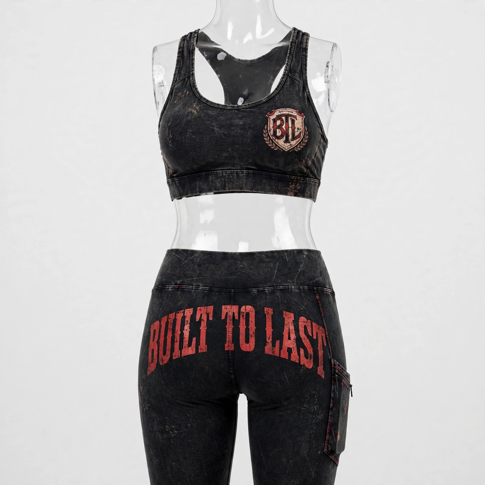 Vintage black grunge Built to Last women’s activewear set with distressed red lettering and phone pocket