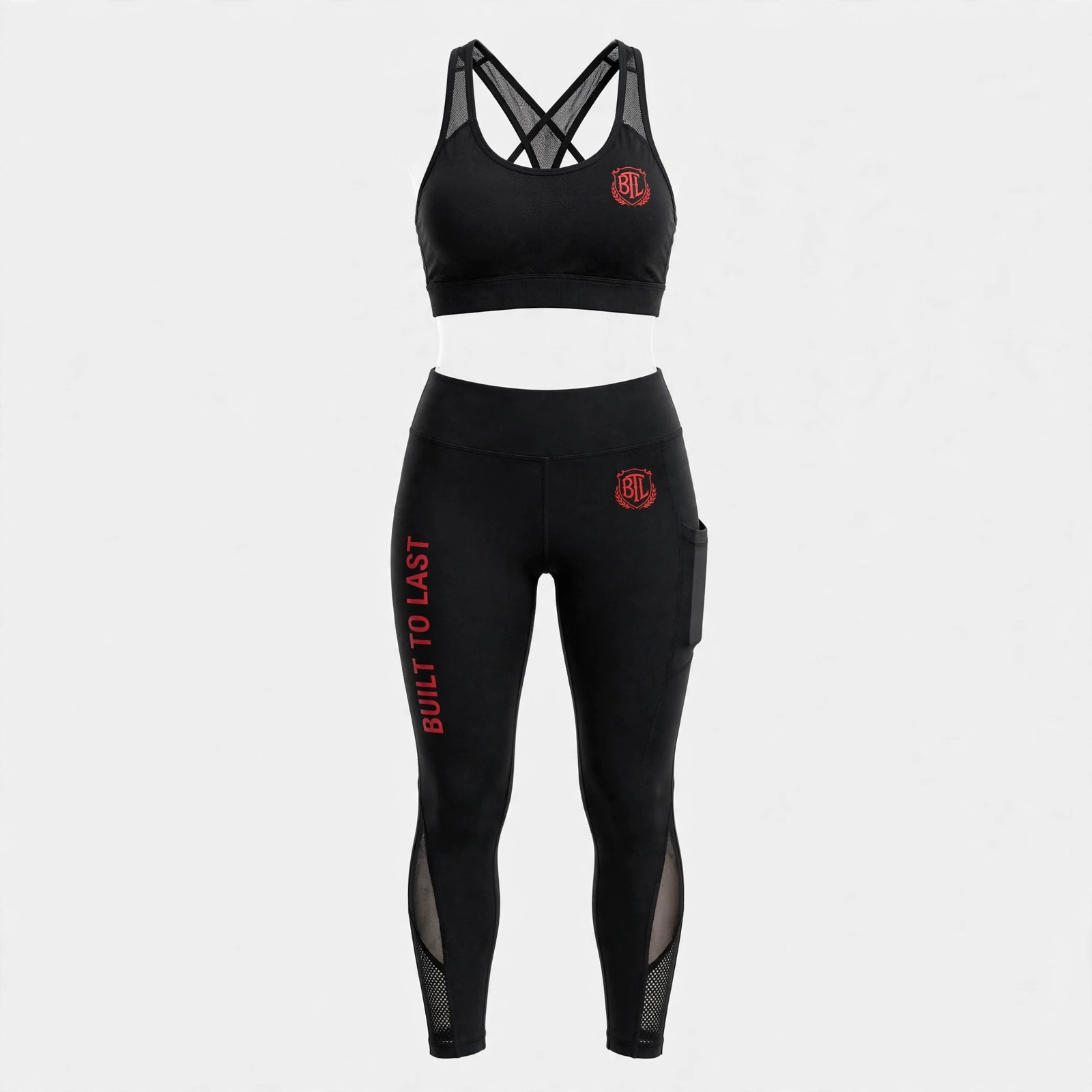 Black Built to Last women’s activewear set with mesh-panel top and phone-pocket leggings