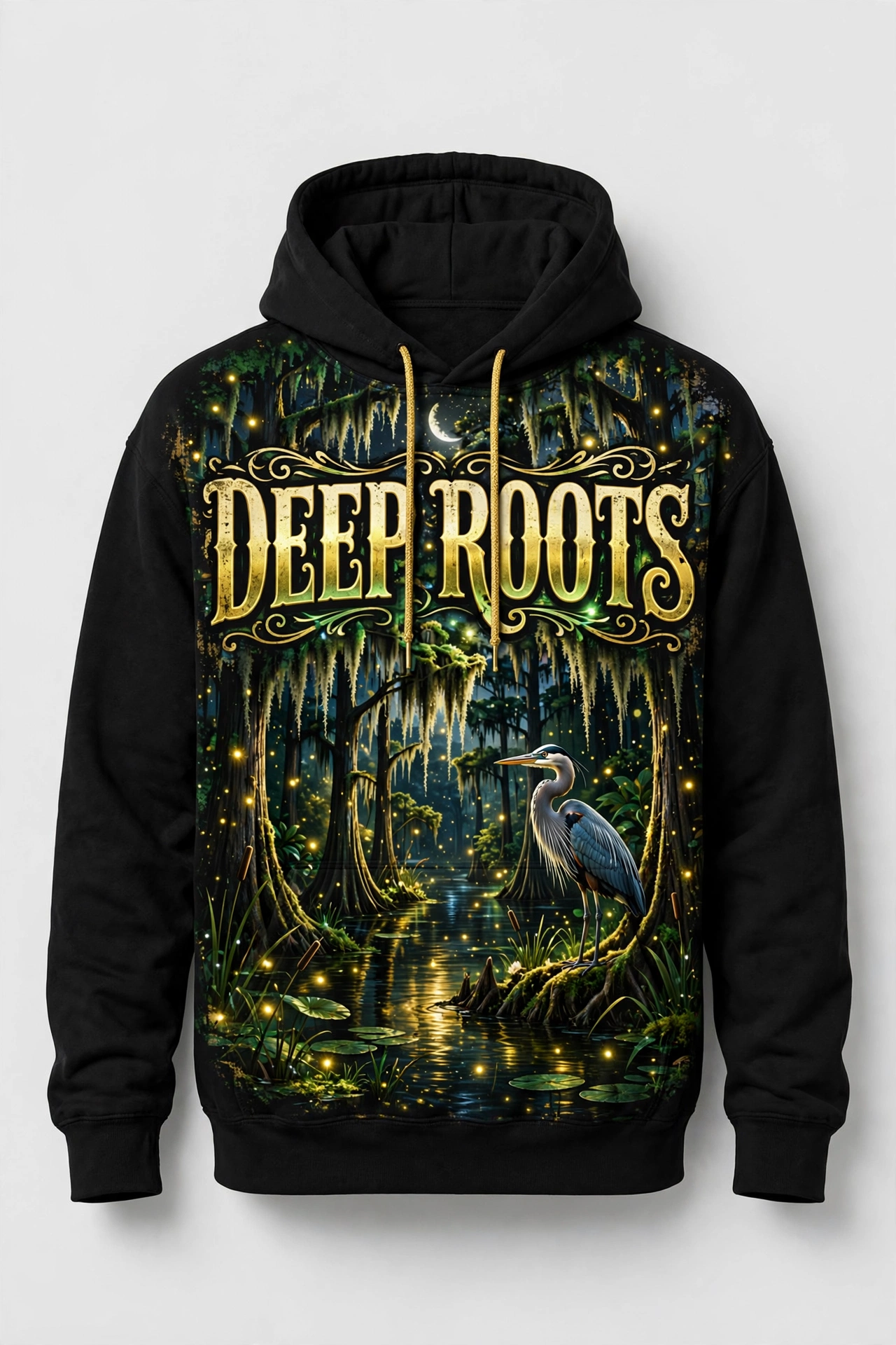 Black Deep Roots hoodie with a glowing green and gold bayou scene