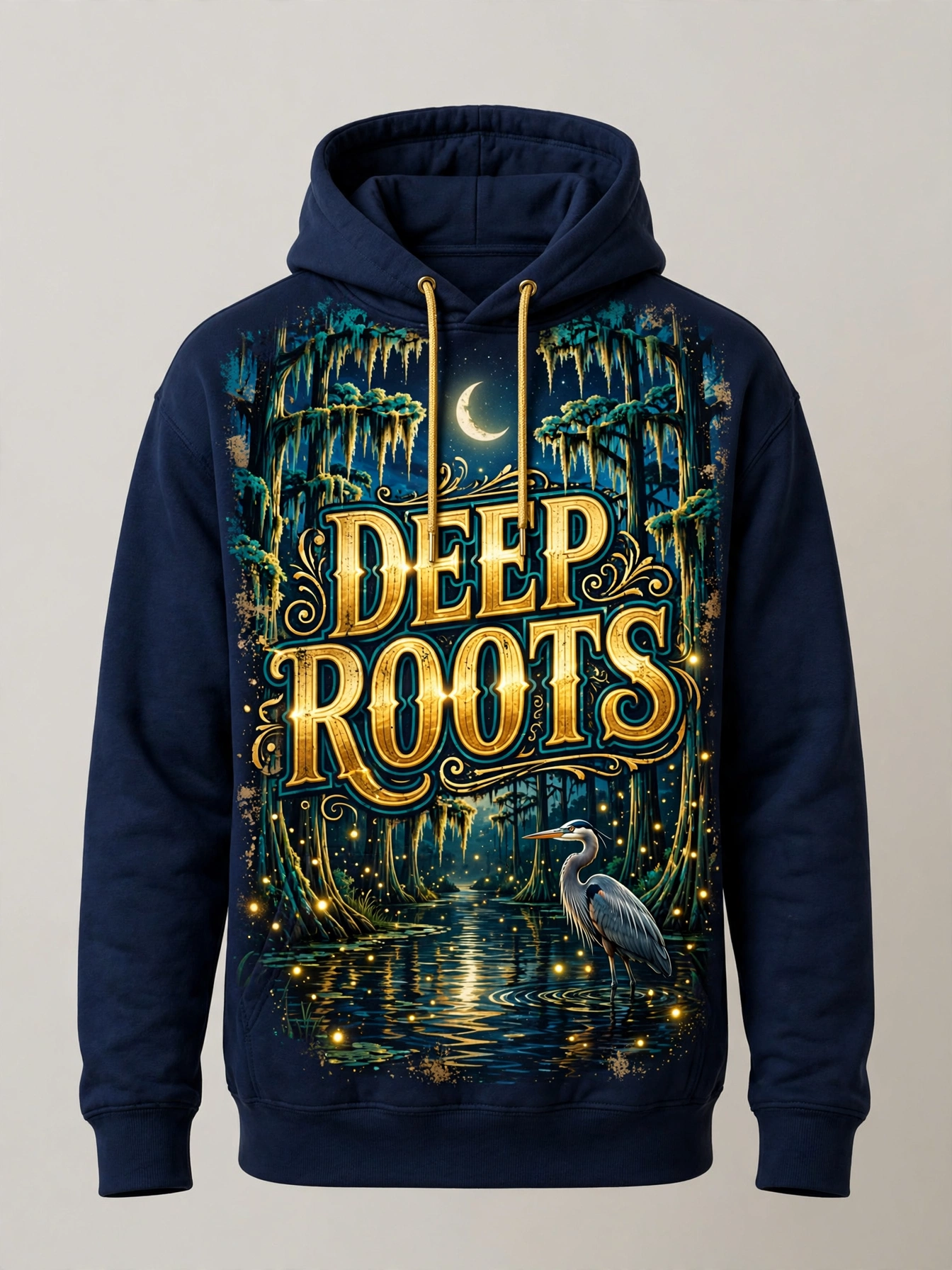 Navy Deep Roots hoodie with a teal and gold moonlit bayou scene