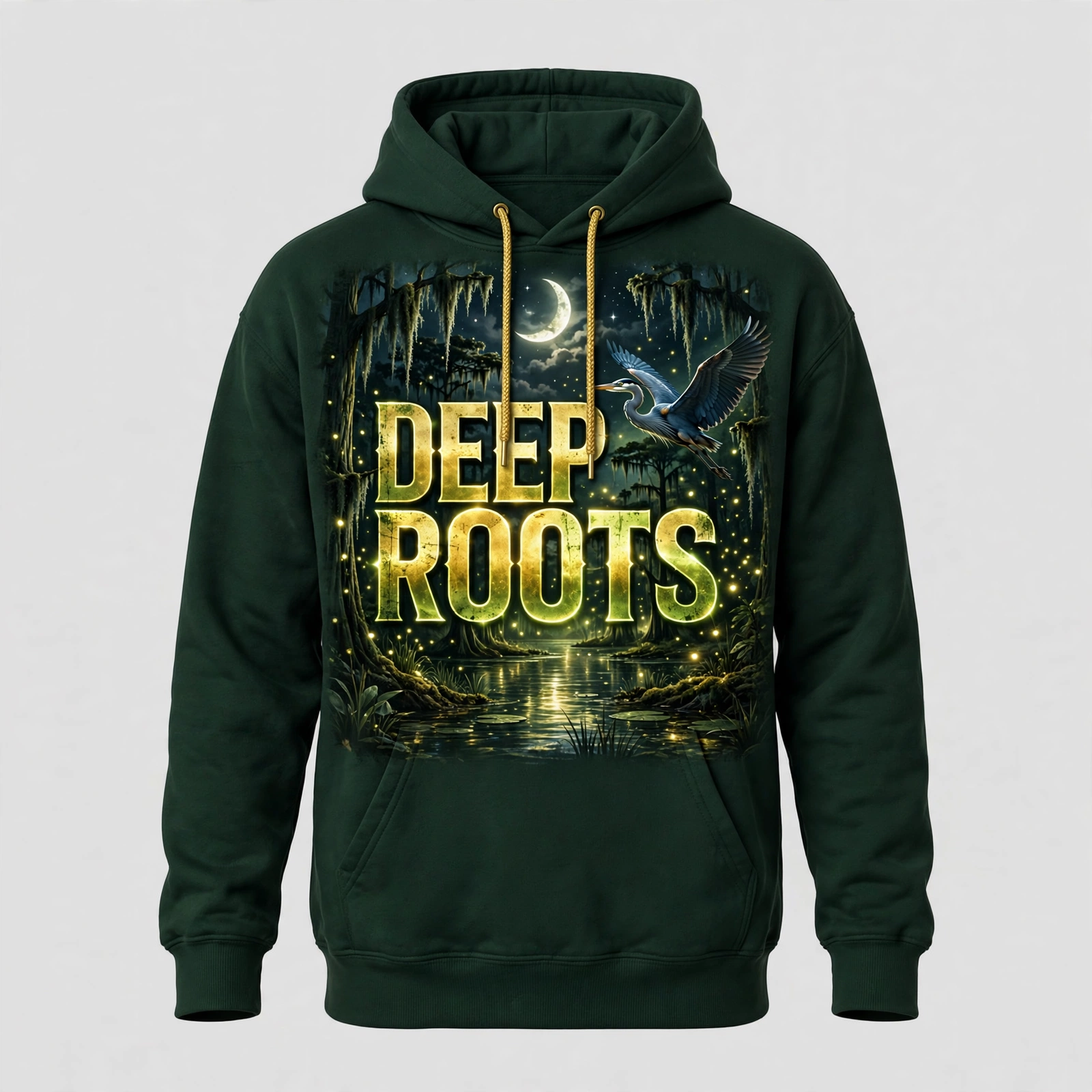 Forest green Deep Roots hoodie with a glowing bayou night scene and heron