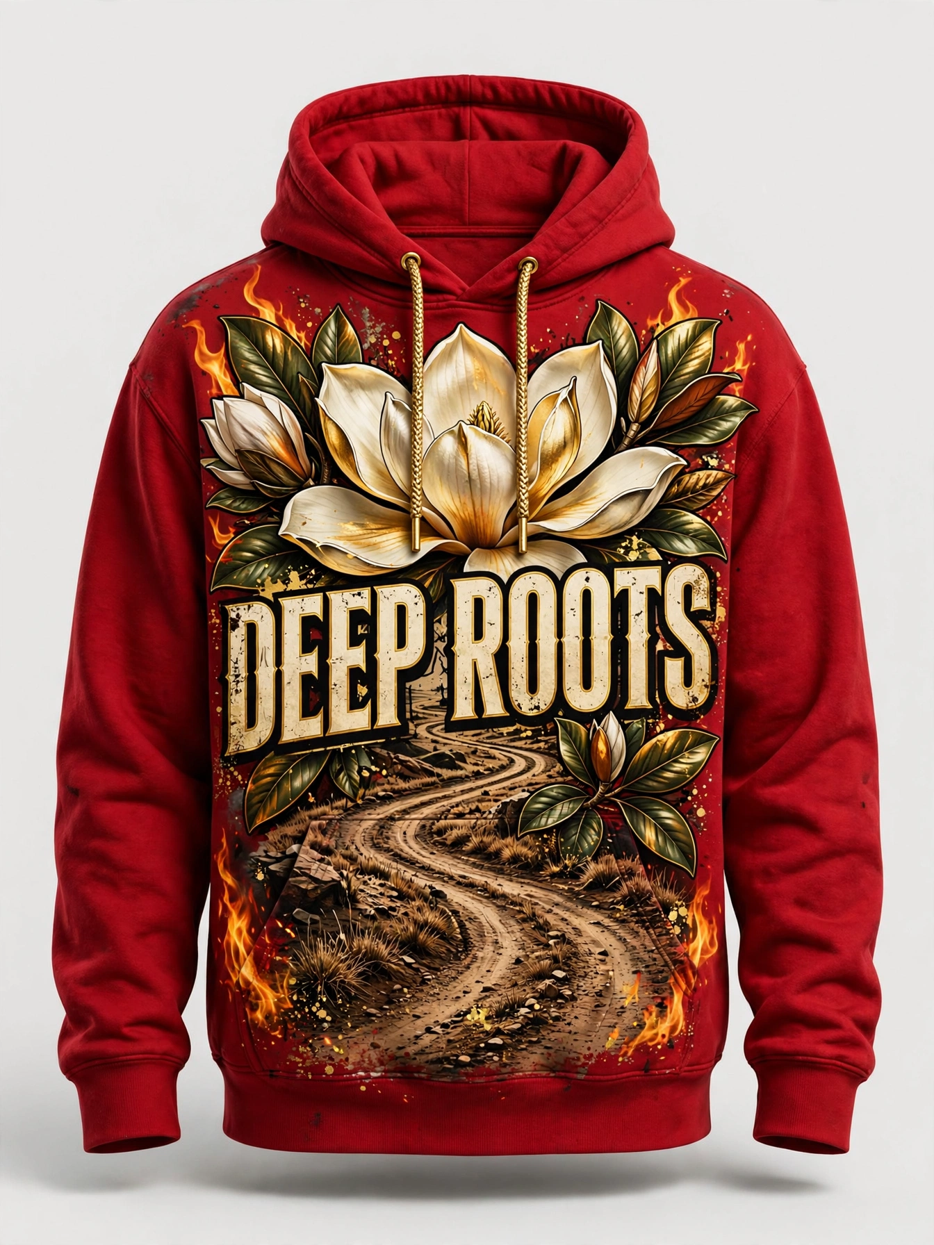 Crimson Deep Roots hoodie with a cream and gold magnolia and flame accents