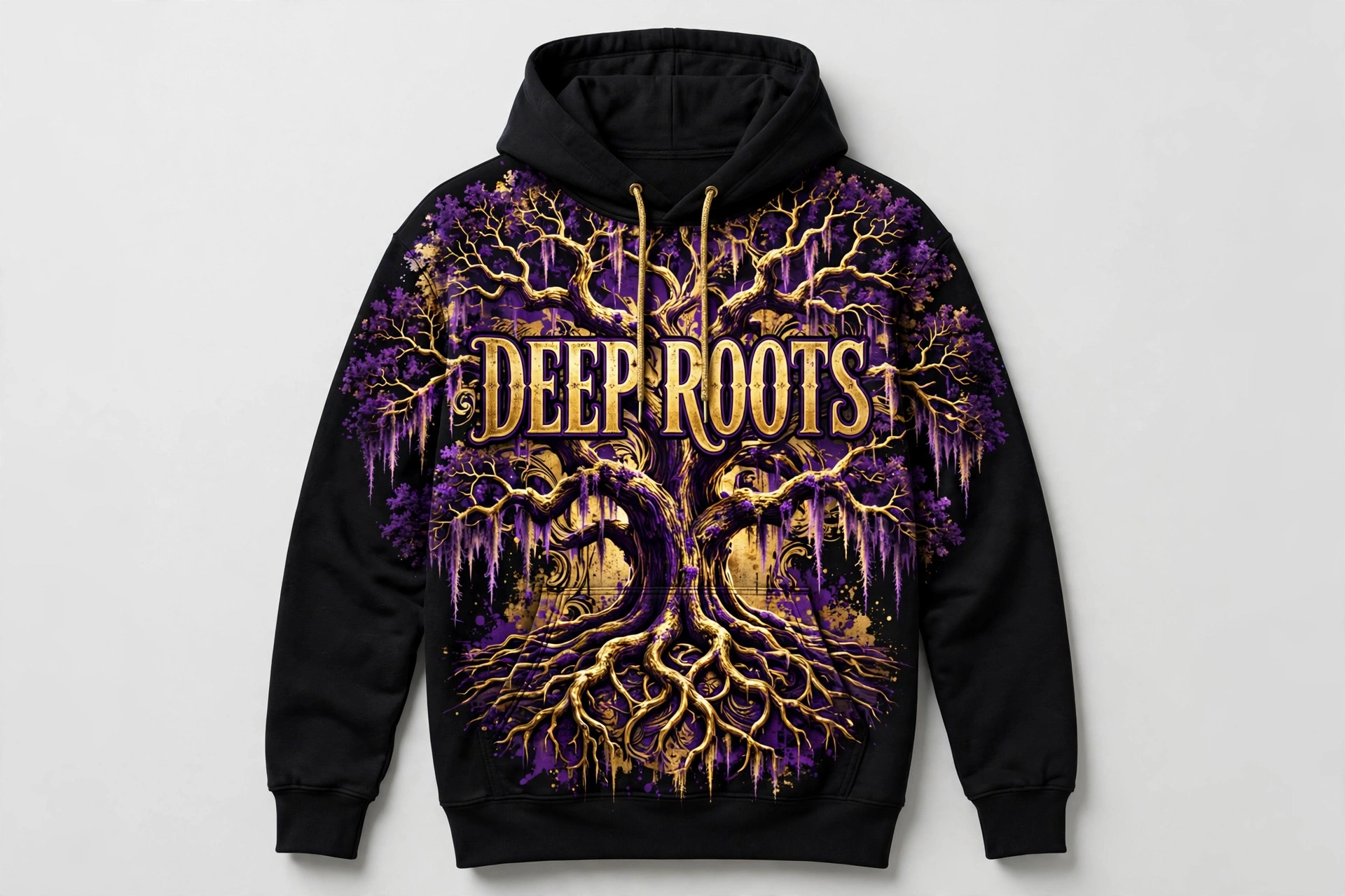 Black Deep Roots hoodie with a metallic gold and deep purple moss-draped oak design