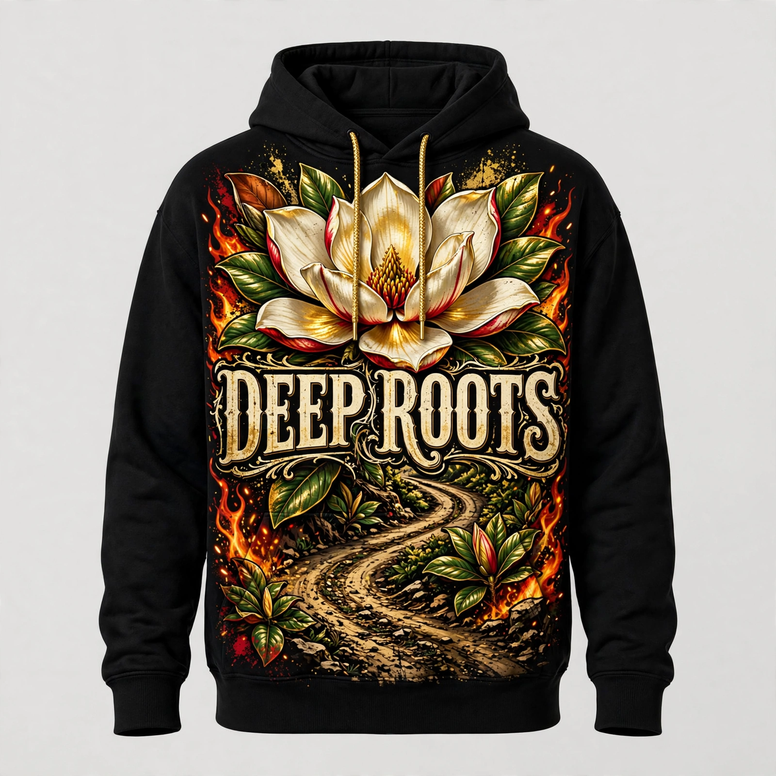 Black Deep Roots hoodie with a cream and gold magnolia and crimson accents