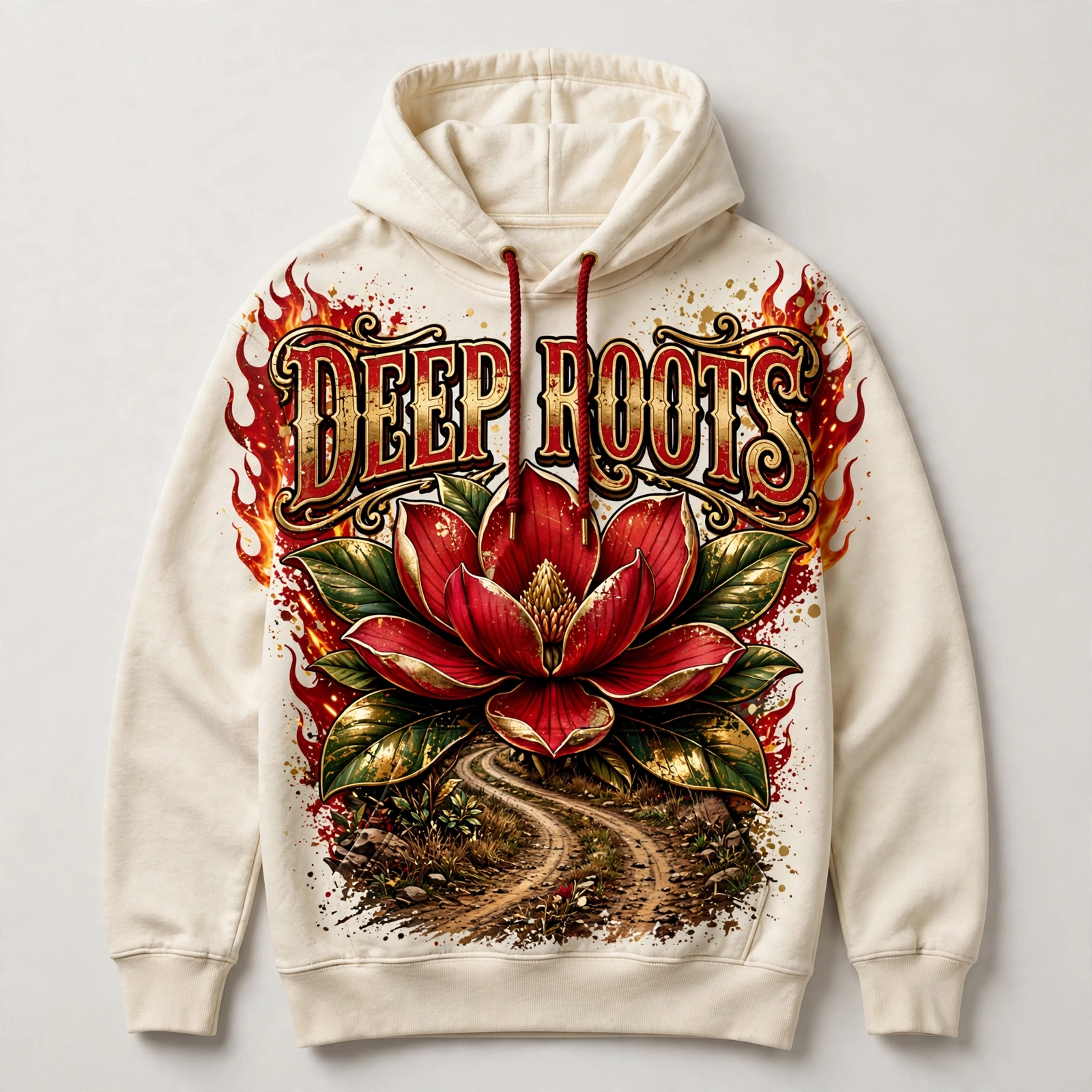 Cream Deep Roots hoodie with a crimson and gold magnolia design