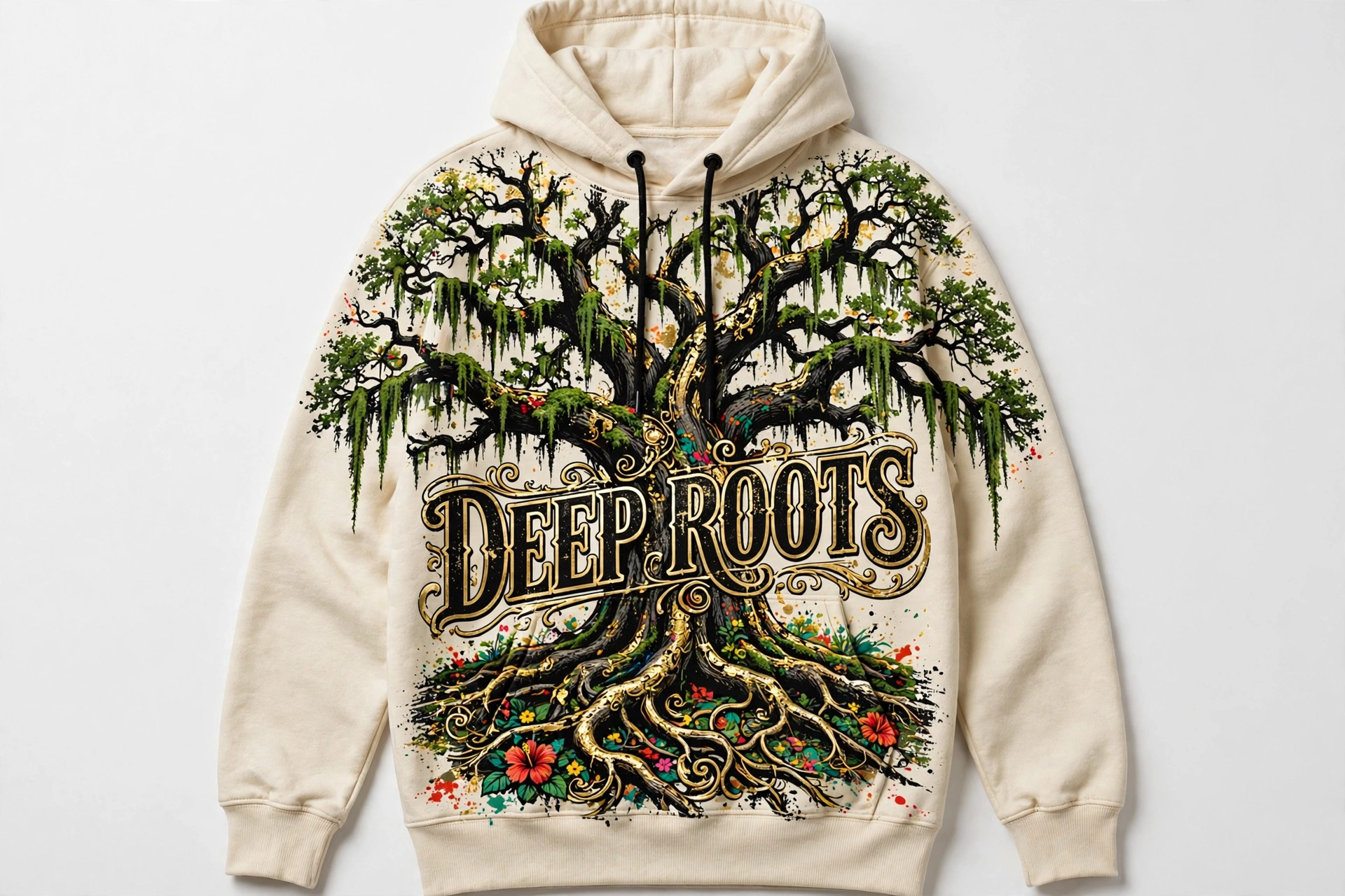 Cream Deep Roots hoodie with a black and gold oak design