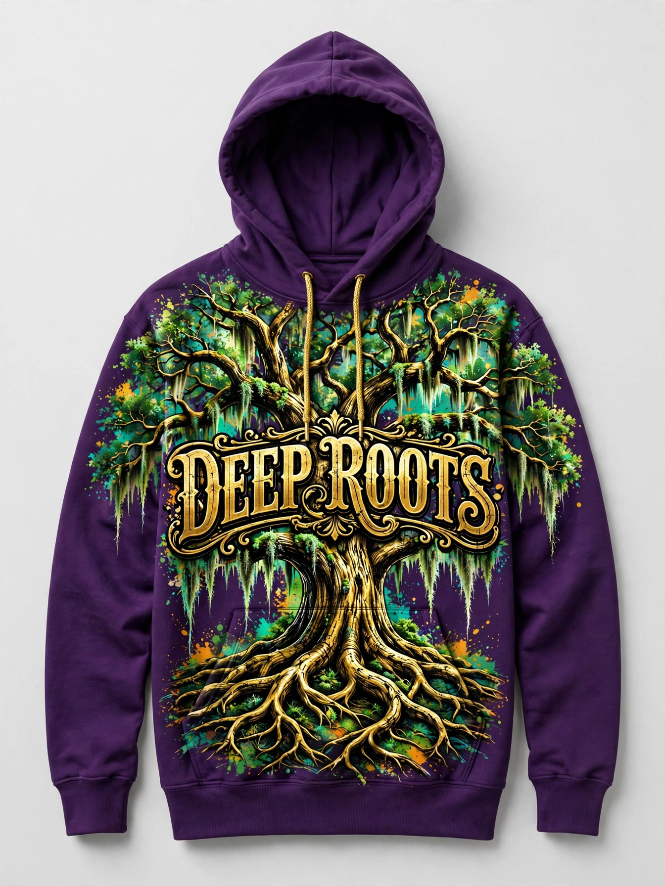 Deep purple Deep Roots hoodie with a metallic gold oak design