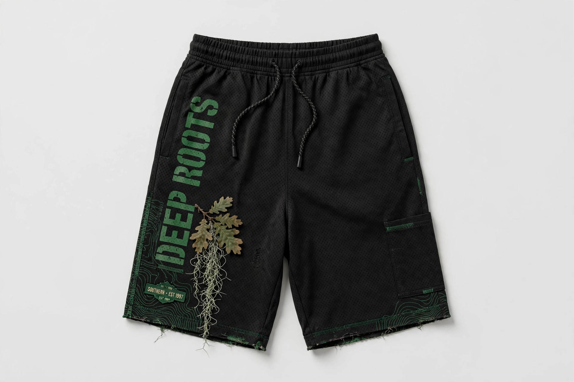 Black Deep Roots athletic shorts with forest green Deep Roots lettering and a Spanish-moss oak branch accent