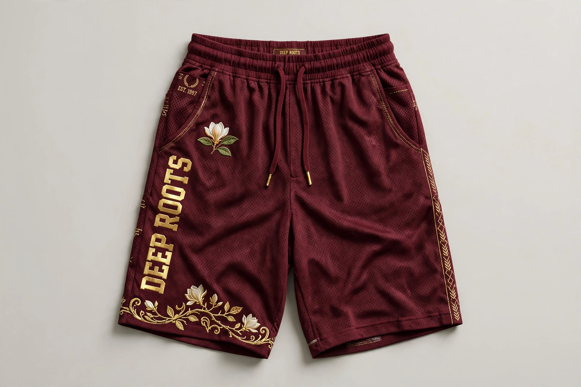 Maroon Deep Roots athletic shorts with gold Deep Roots lettering and a magnolia accent