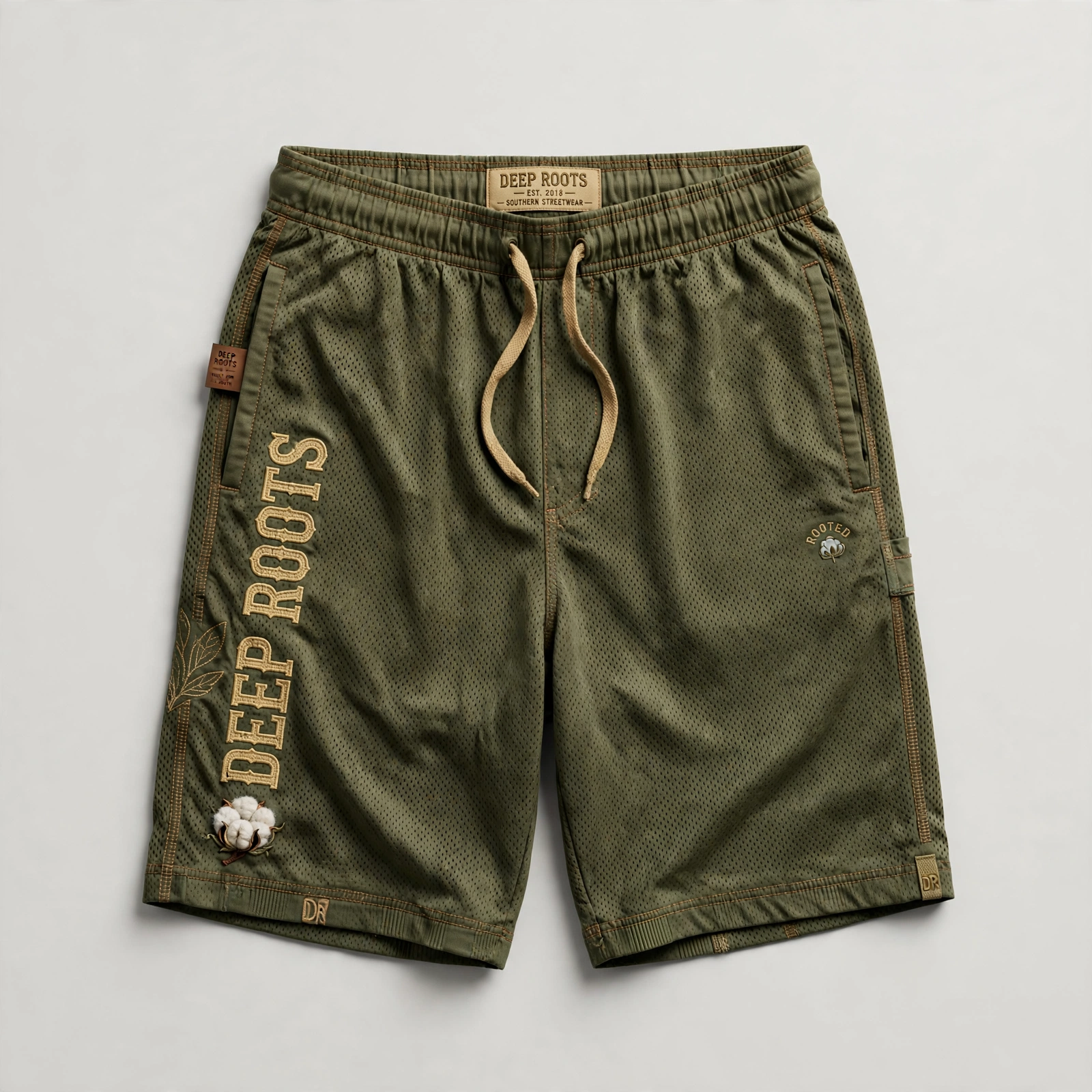 Olive Deep Roots athletic shorts with tan Deep Roots lettering and a cotton-boll accent