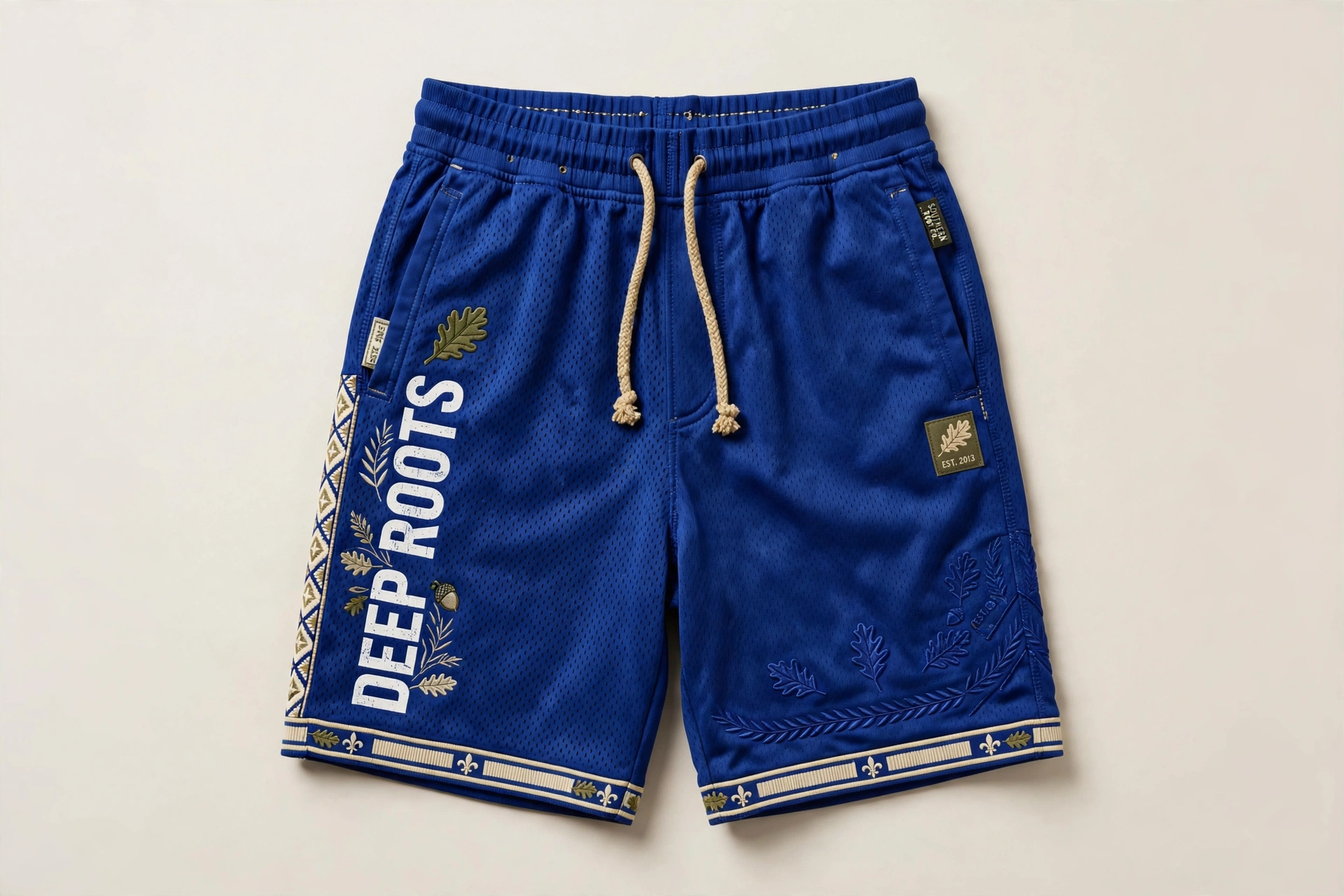 Royal blue Deep Roots athletic shorts with white Deep Roots lettering and an oak-leaf accent
