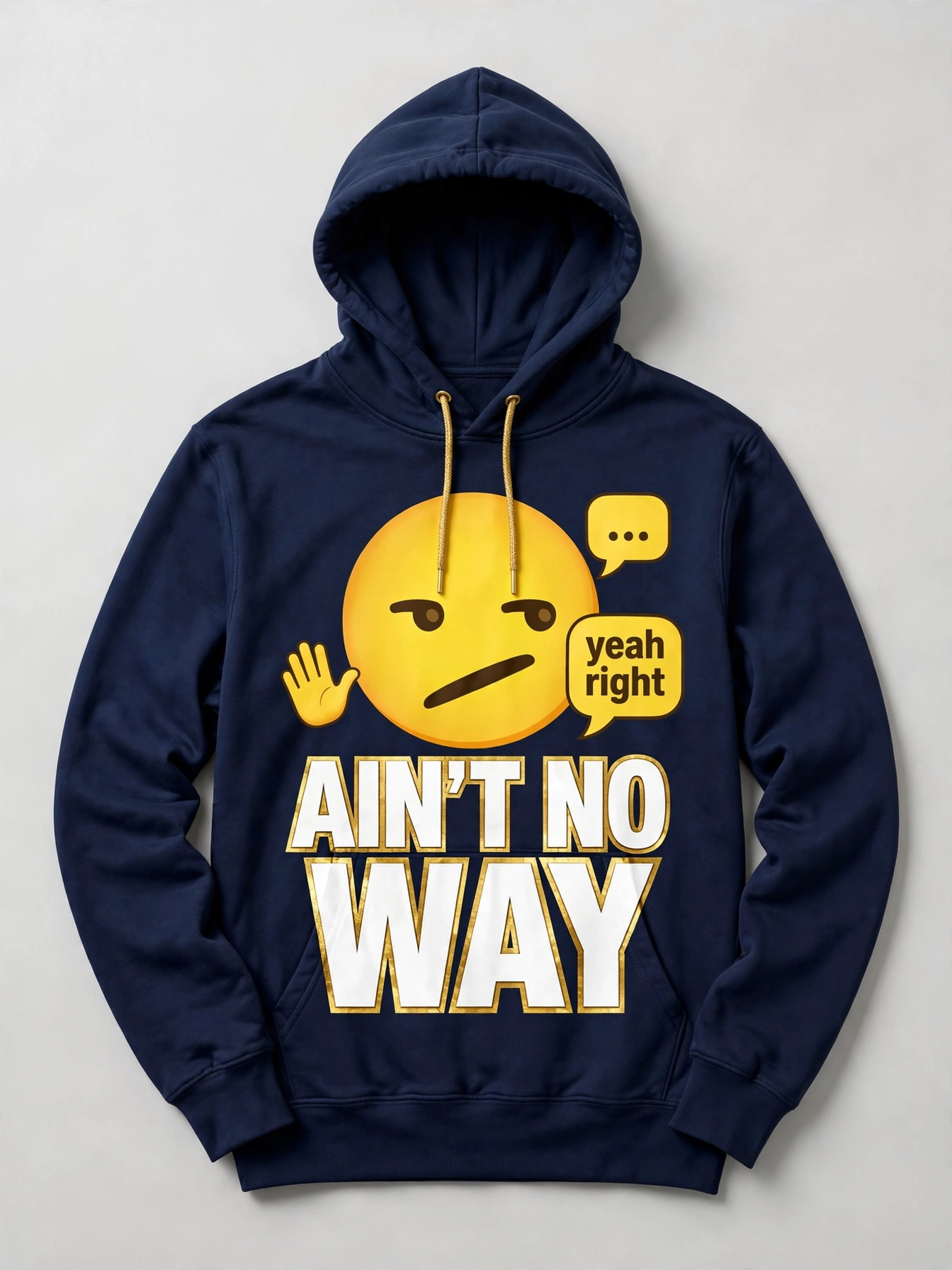 Navy Ain’t No Way hoodie with a giant diagonal-mouth emoji and white and gold lettering