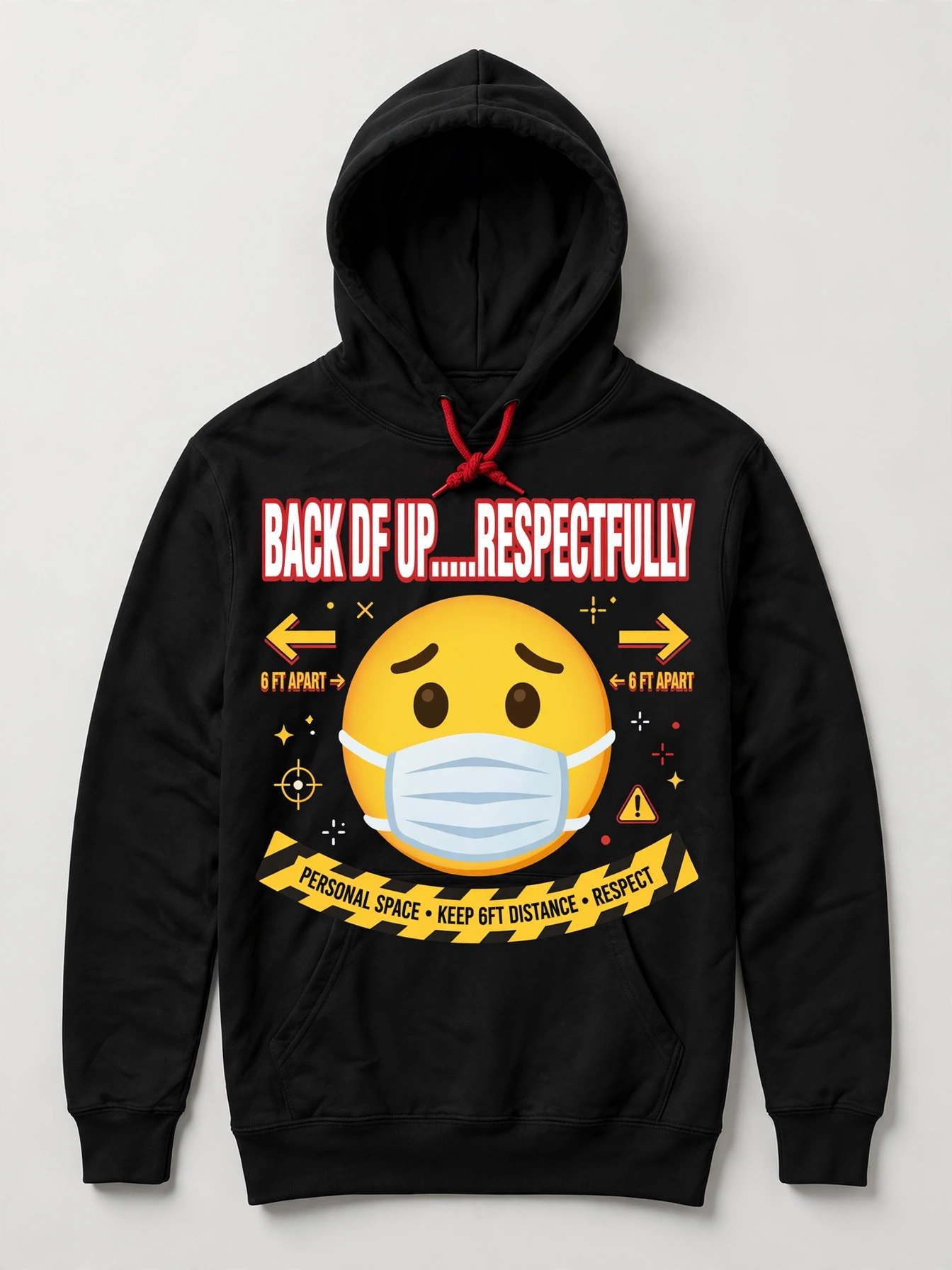 Black Back DF Up Respectfully hoodie with a masked emoji below the words