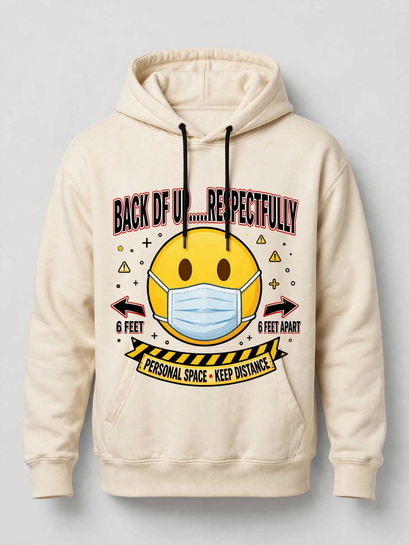 Cream Back DF Up Respectfully hoodie with a masked emoji below the words