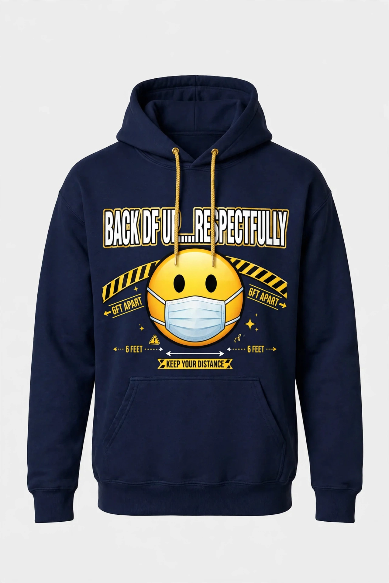 Navy Back DF Up Respectfully hoodie with a masked emoji below the words