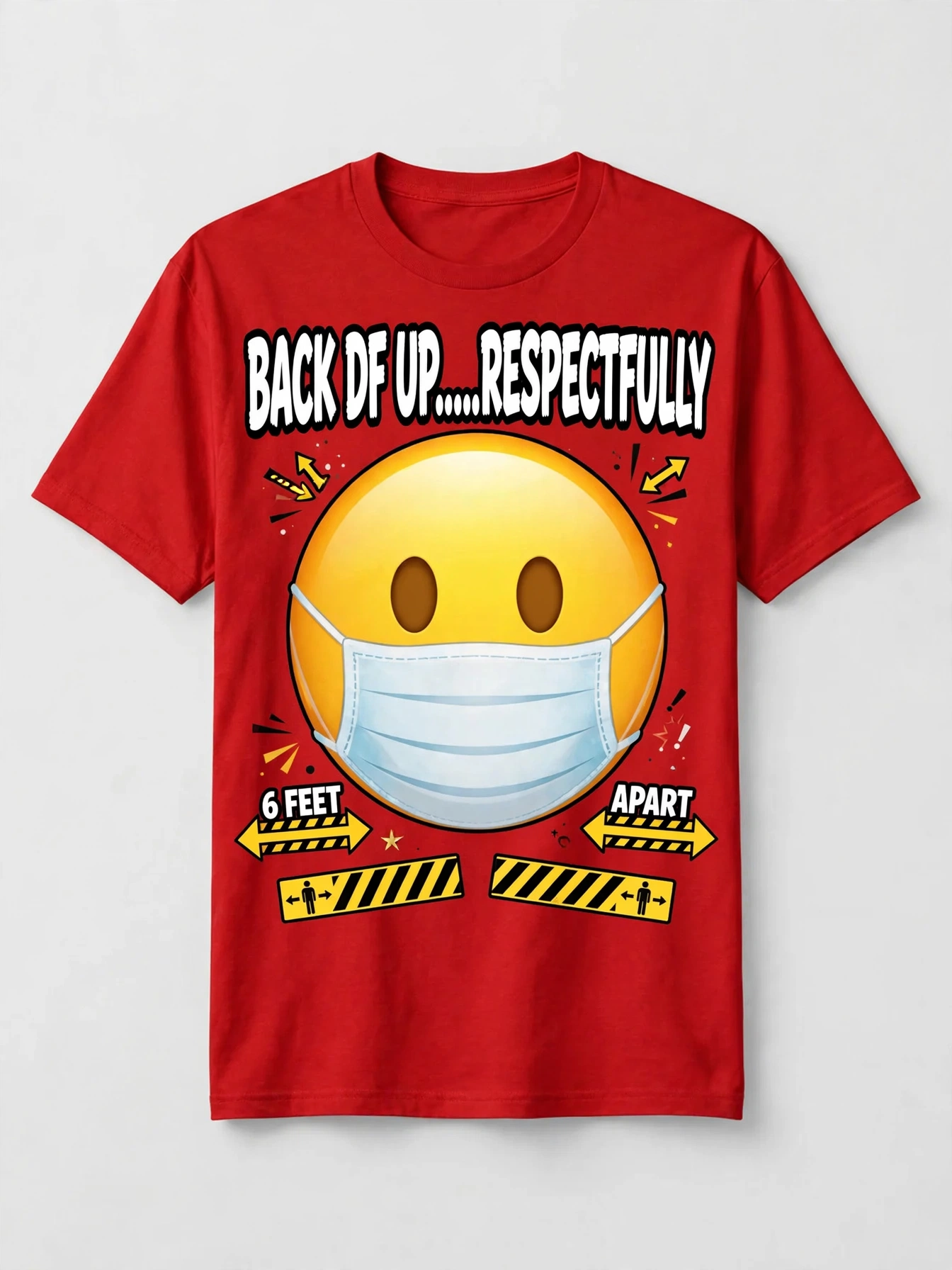 Red Back DF Up Respectfully T-shirt with a masked emoji below the words