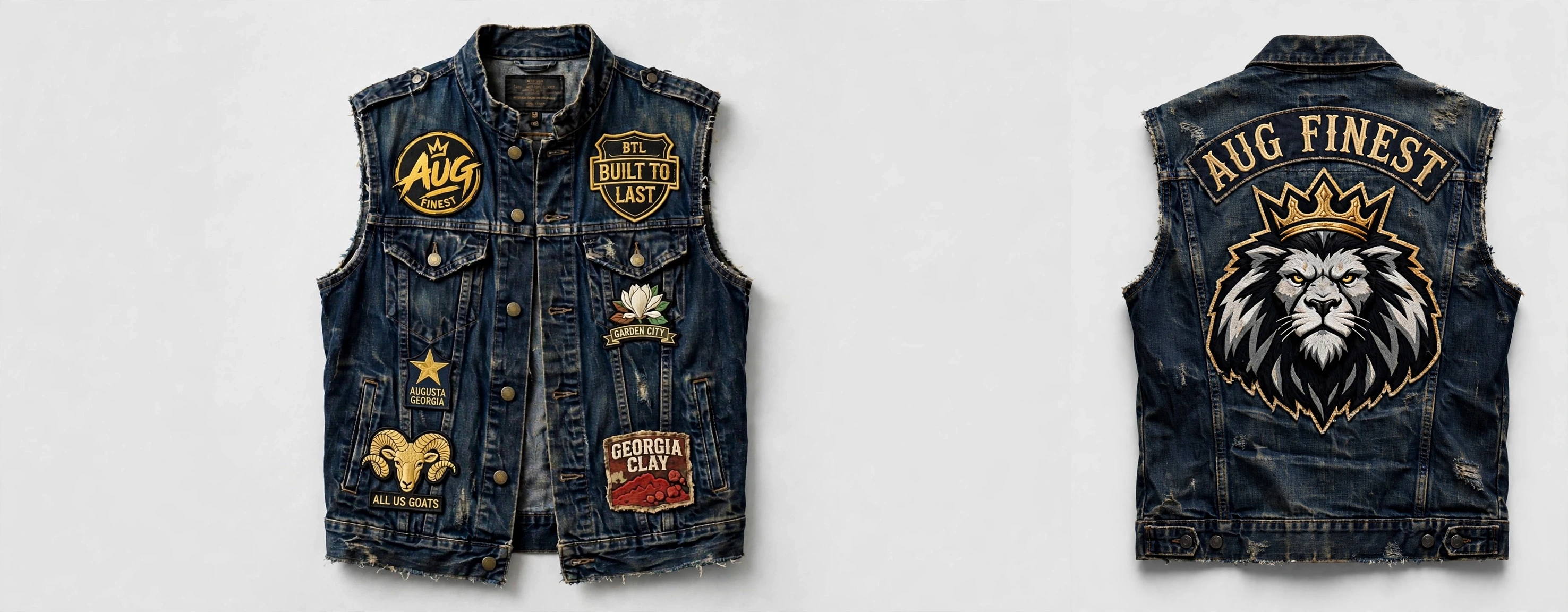Front and back views of the dark blue All Emblems Denim Vest with Aug Fin_Est, Built to Last, Garden City, Augusta Georgia, Georgia Clay and All Us Goats patches