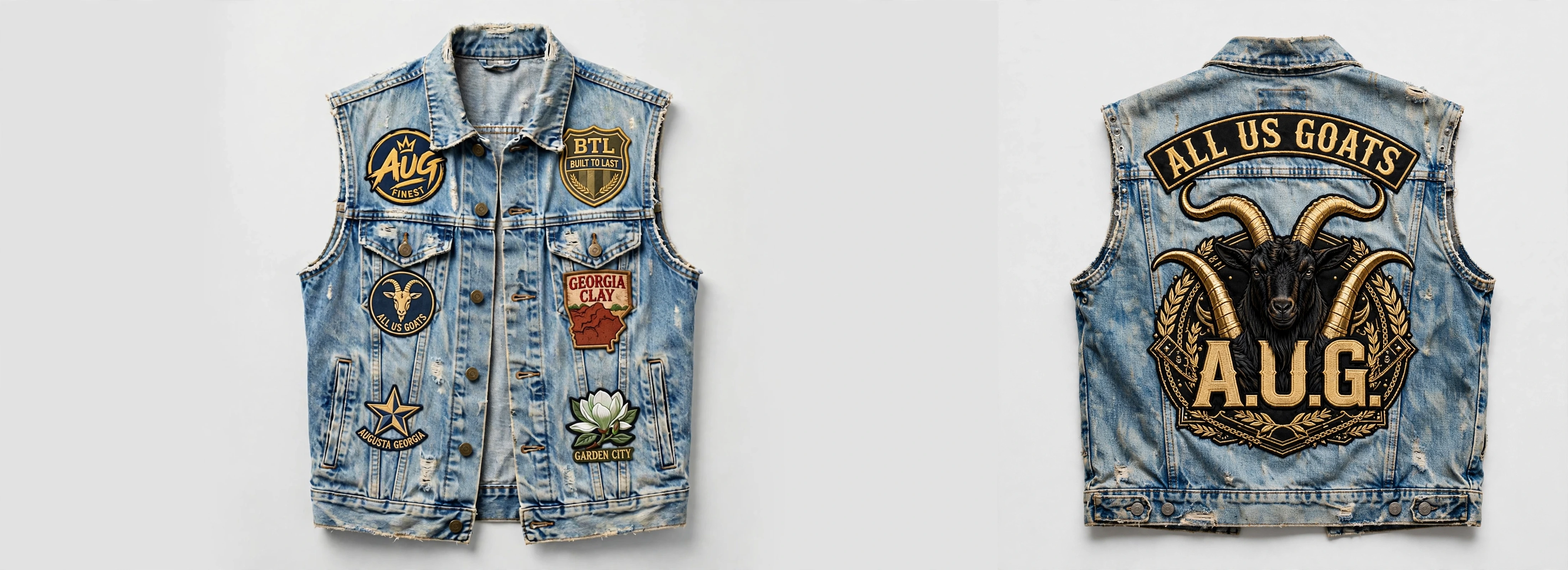 Front and back views of the light blue All Emblems Denim Vest with Aug Fin_Est, Built to Last, Garden City, Augusta Georgia, Georgia Clay and All Us Goats patches