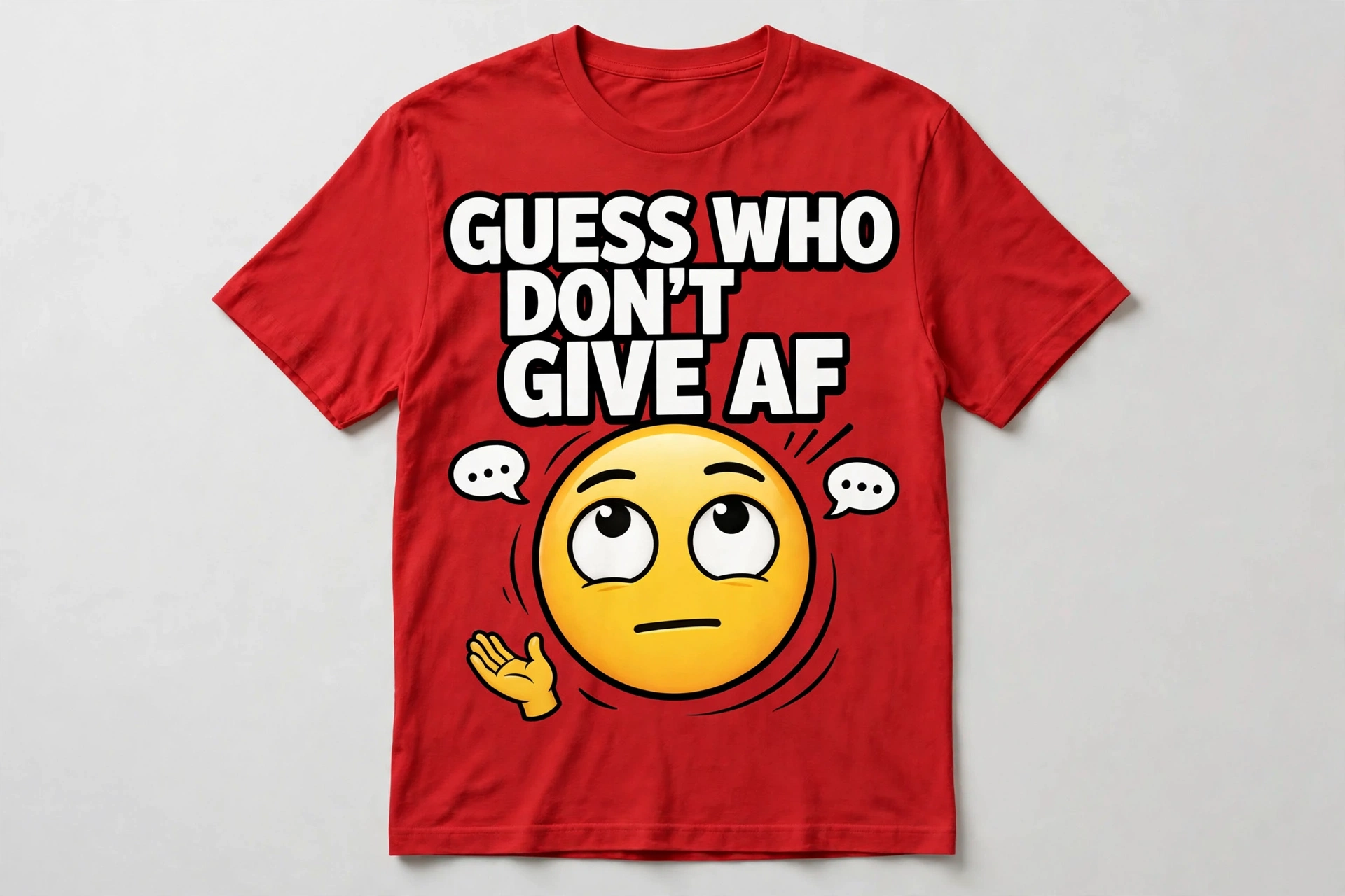 Red Guess Who Don’t Give AF T-shirt with an eye-roll emoji below the words