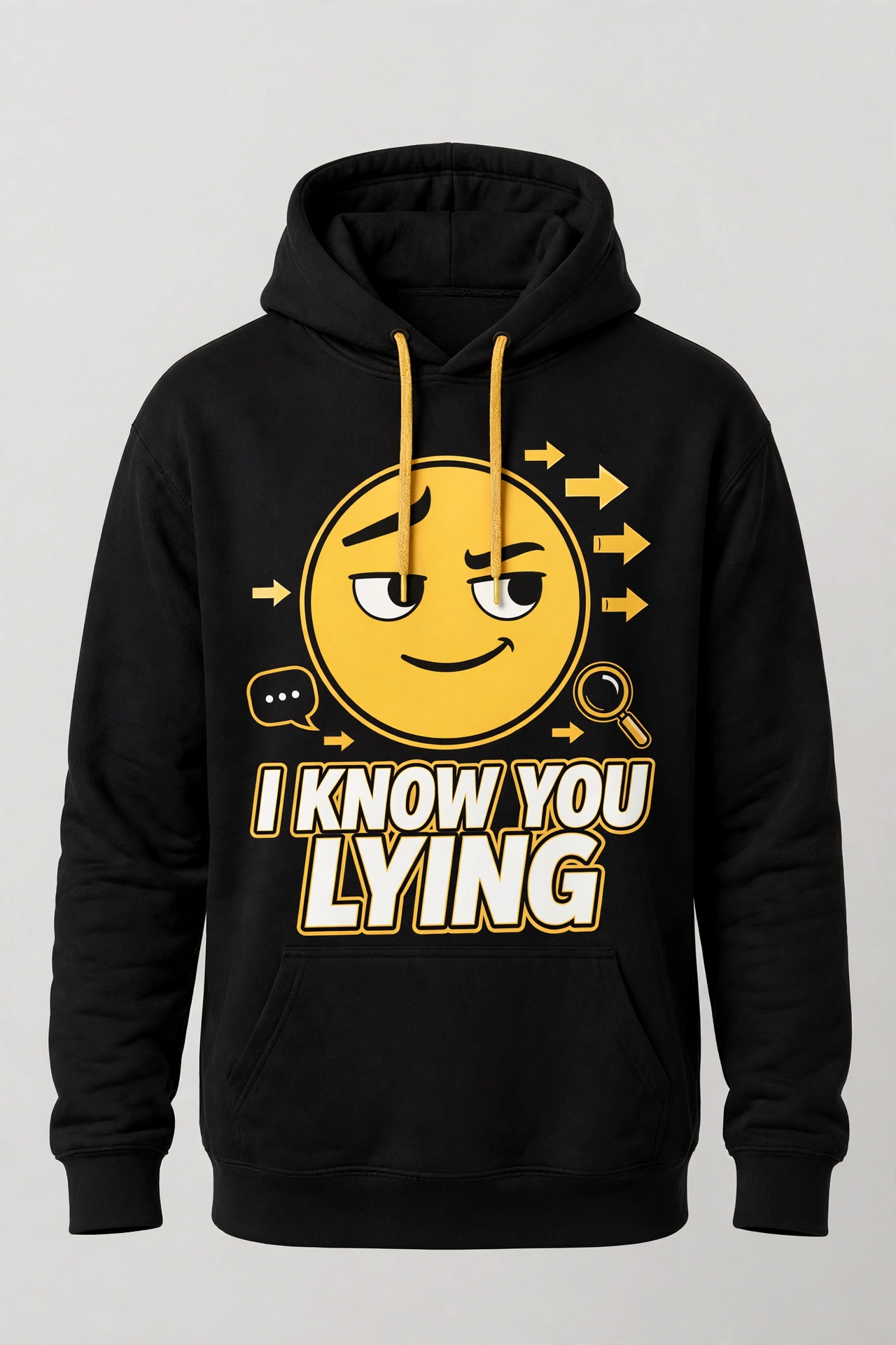 Black I Know You Lying hoodie with a giant raised-eyebrow emoji and white and gold lettering