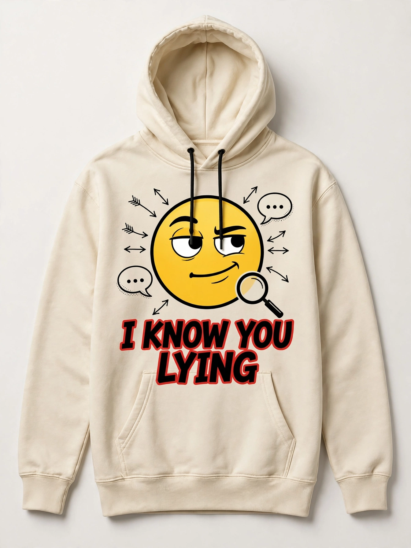 Cream I Know You Lying hoodie with a giant raised-eyebrow emoji and black and red lettering