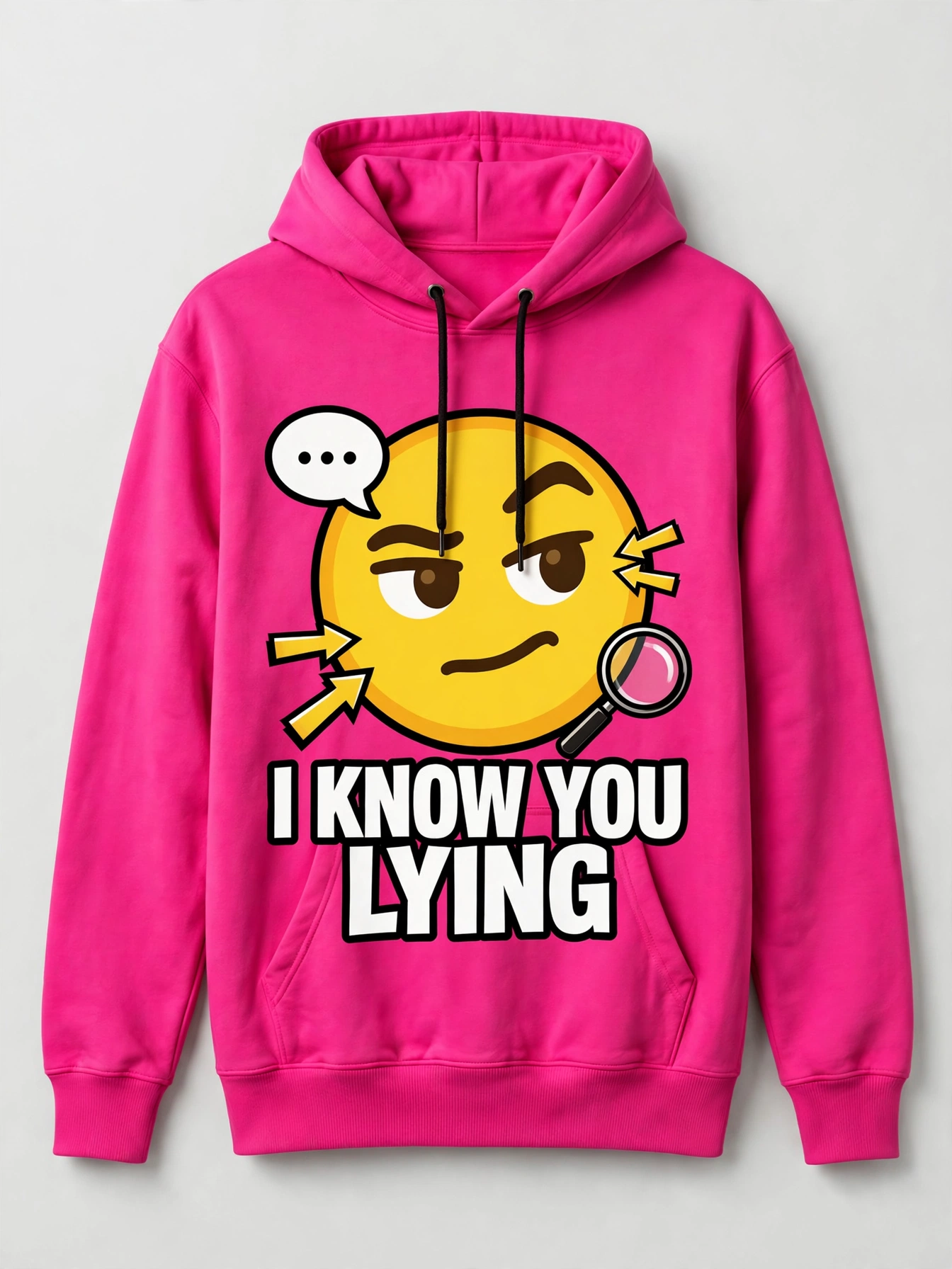 Hot pink I Know You Lying hoodie with a giant raised-eyebrow emoji and white and black lettering