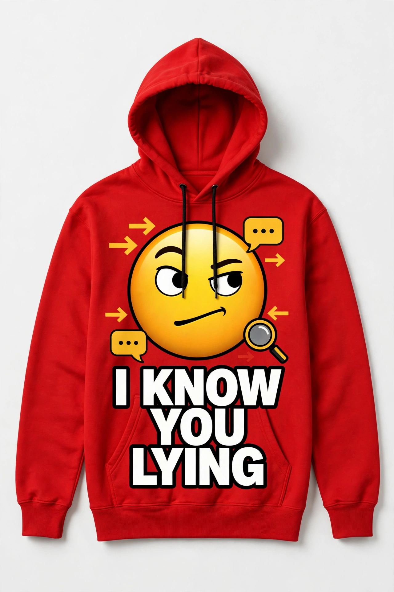 Red I Know You Lying hoodie with a giant raised-eyebrow emoji and white and black lettering