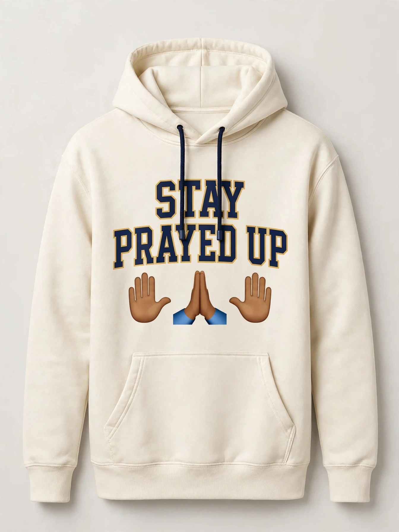 Cream Stay Prayed Up hoodie with praying-hands emojis and navy lettering