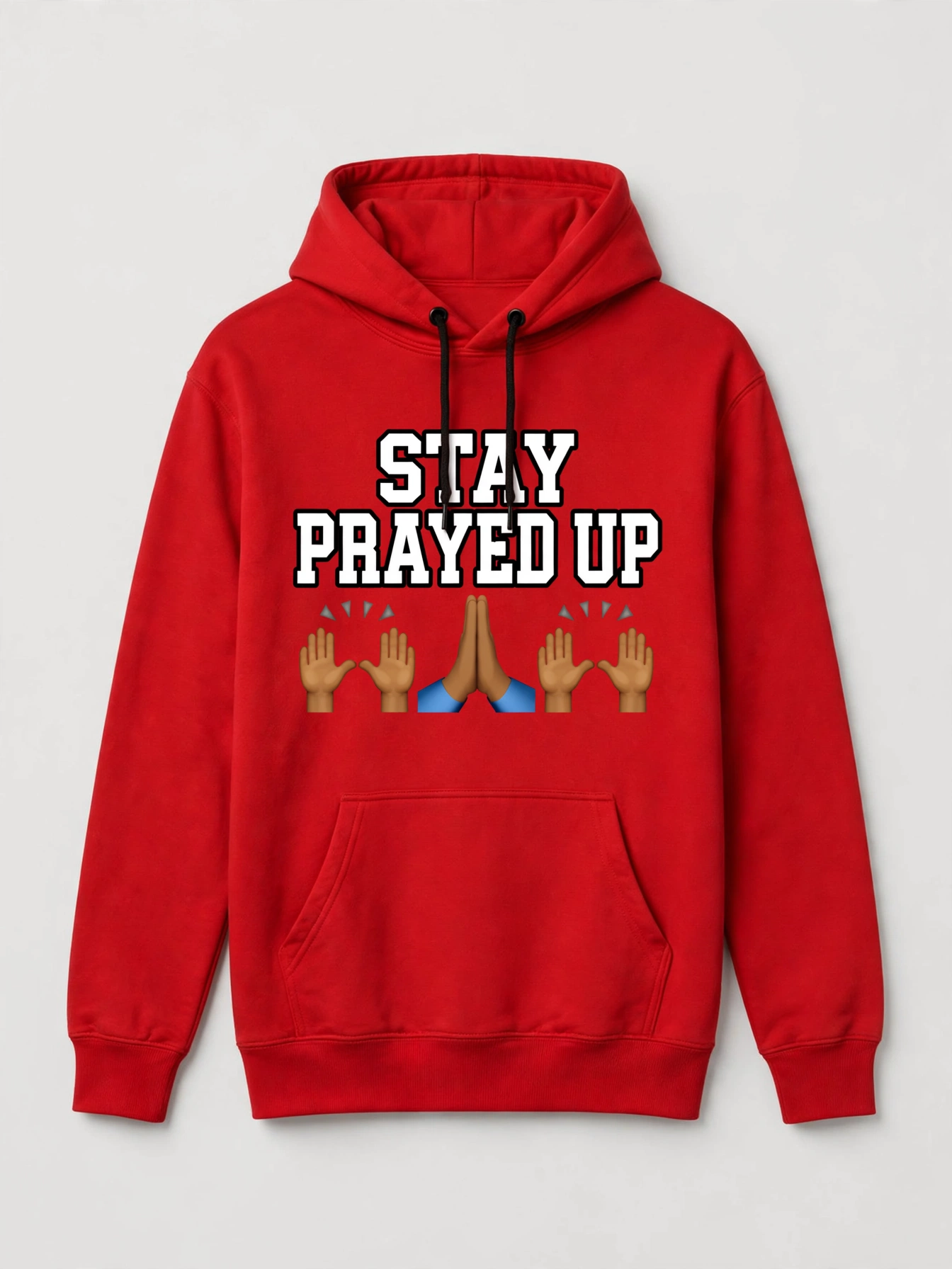 Red Stay Prayed Up hoodie with praying-hands emojis and white lettering