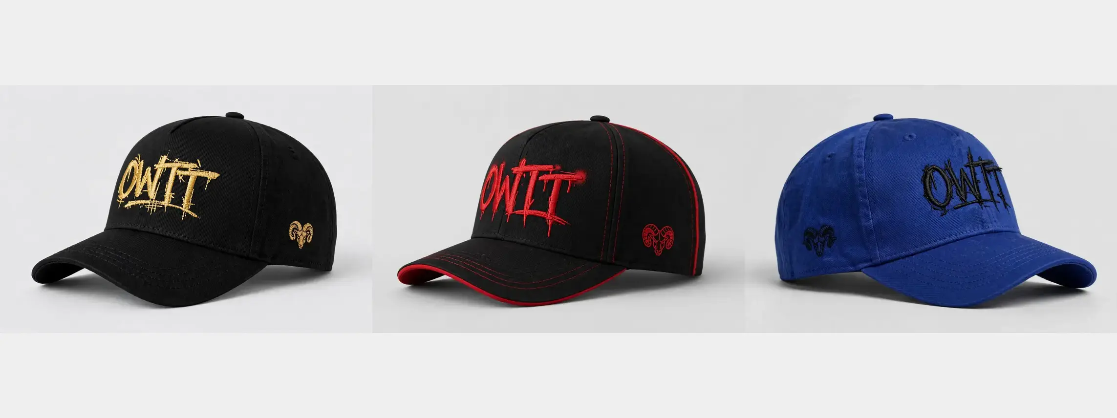 OWTT fitted cap collection in black and gold, red and black, and royal blue