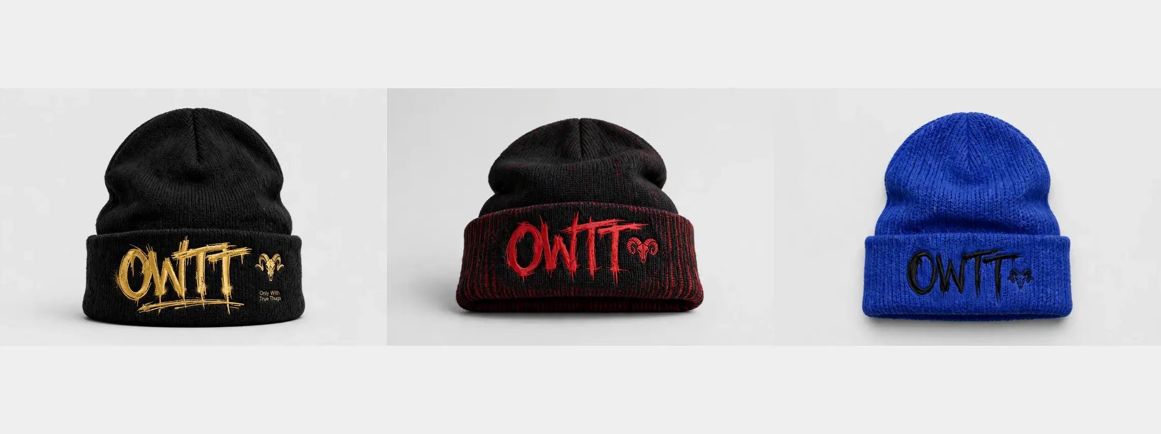 OWTT knit skully collection in black and gold, red and black, and royal blue