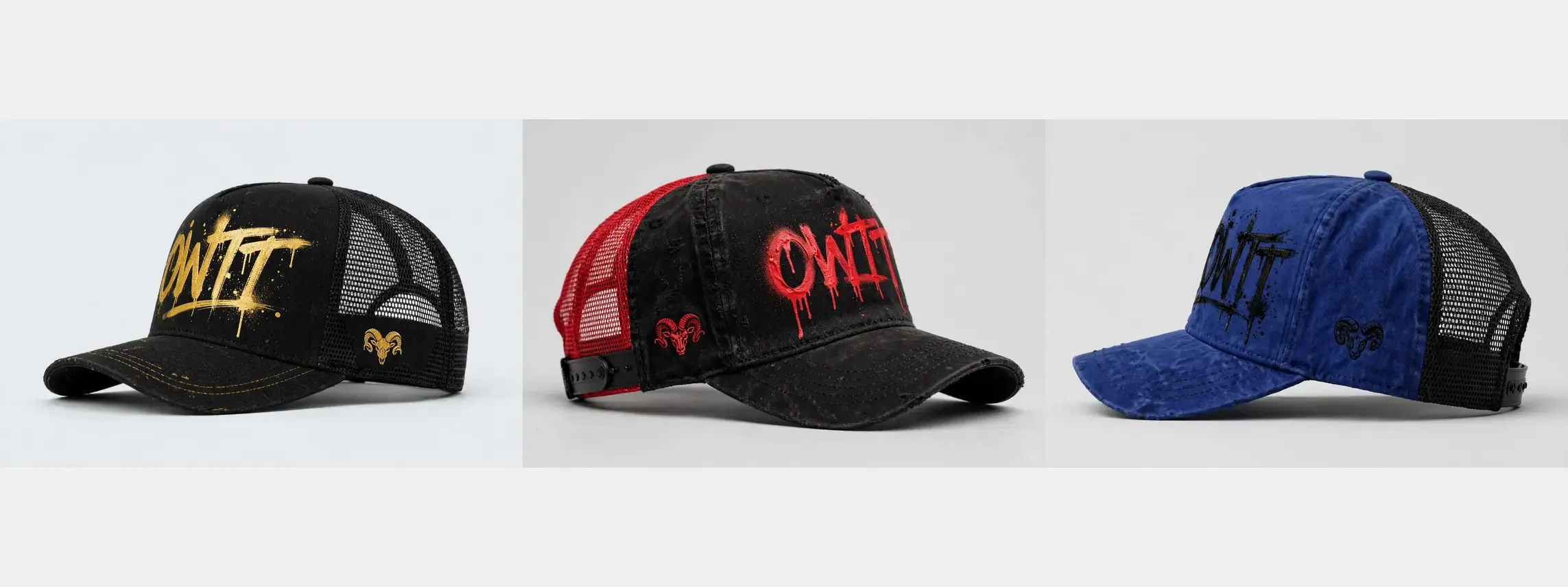 OWTT mesh-back trucker cap collection in black and gold, red and black, and royal blue
