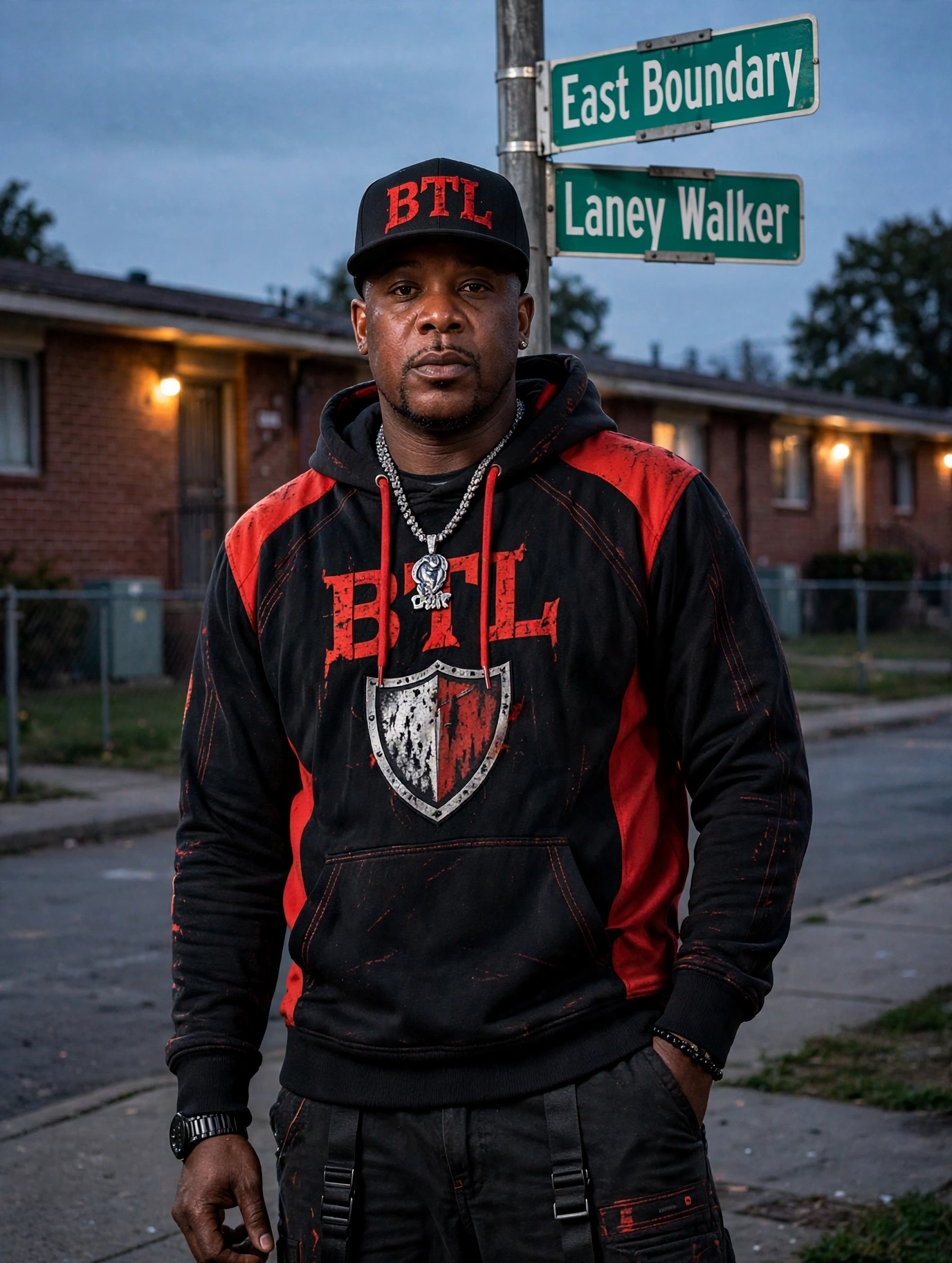 Tommy Council wearing a black and red Built to Last hoodie and BTL cap at the corner of East Boundary and Laney Walker in Augusta