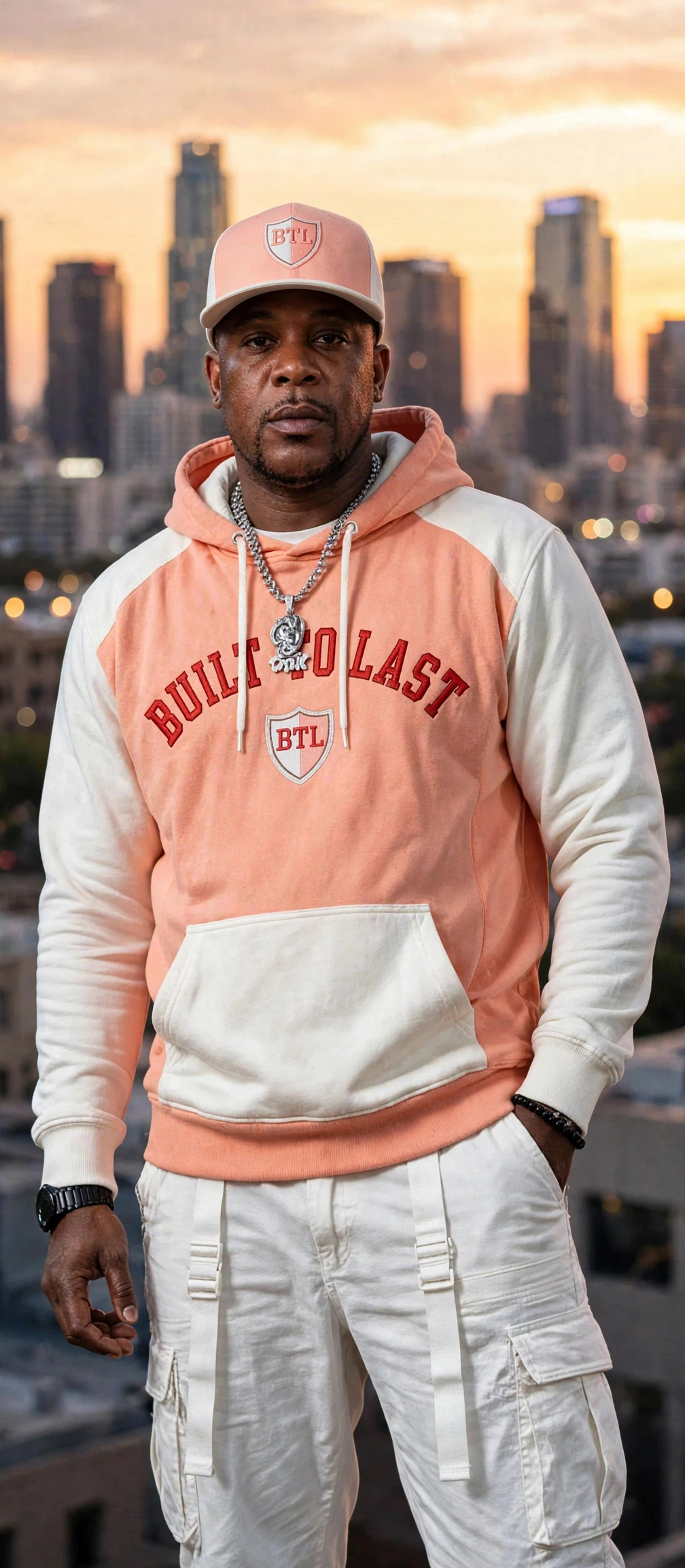 Tommy Council wearing a peach and white Built to Last varsity hoodie and BTL cap with a city skyline behind him at sunset